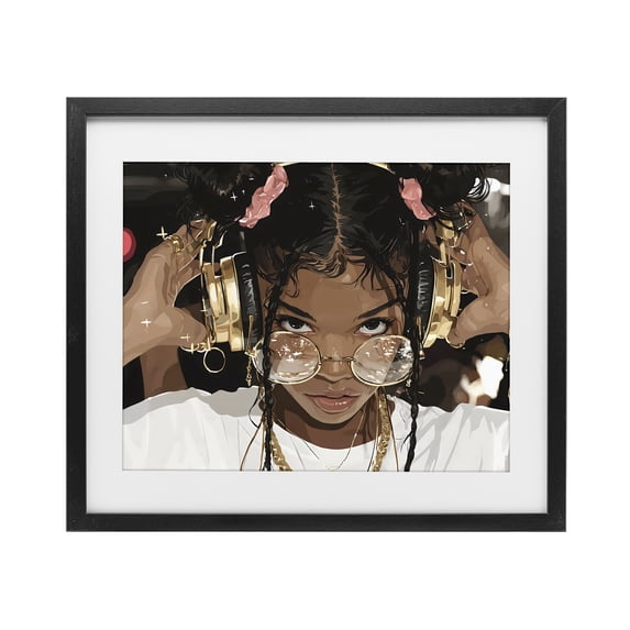 Stupell Industries Contemporary Trendy Girl with Gold Headphones Black Framed Print Under Glass, 16 x 13, by Franklyn Gregory
