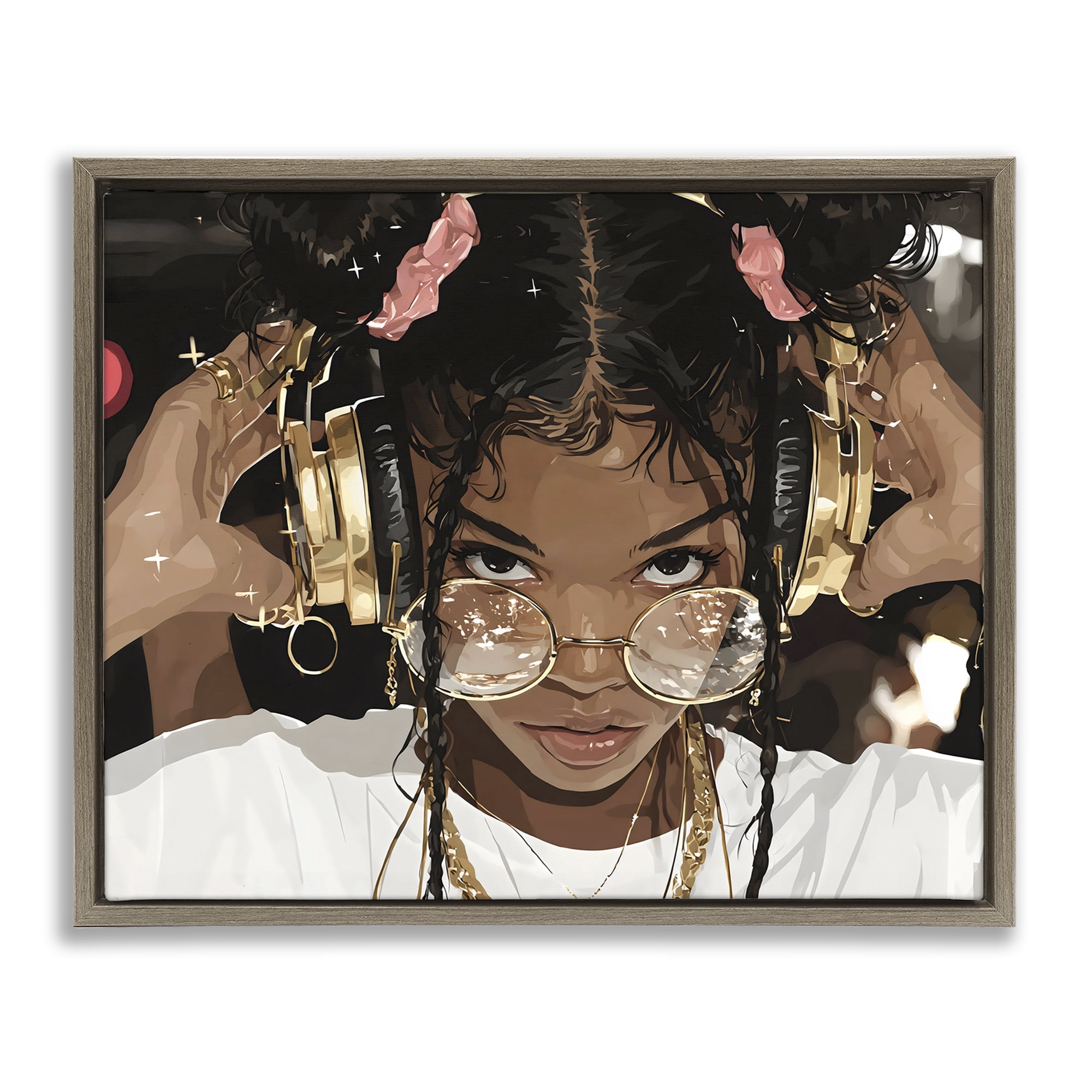 Stupell Industries Trendy Girl with Gold Headphones Brown Framed Floater Canvas Wall Art, design by Franklyn Gregory