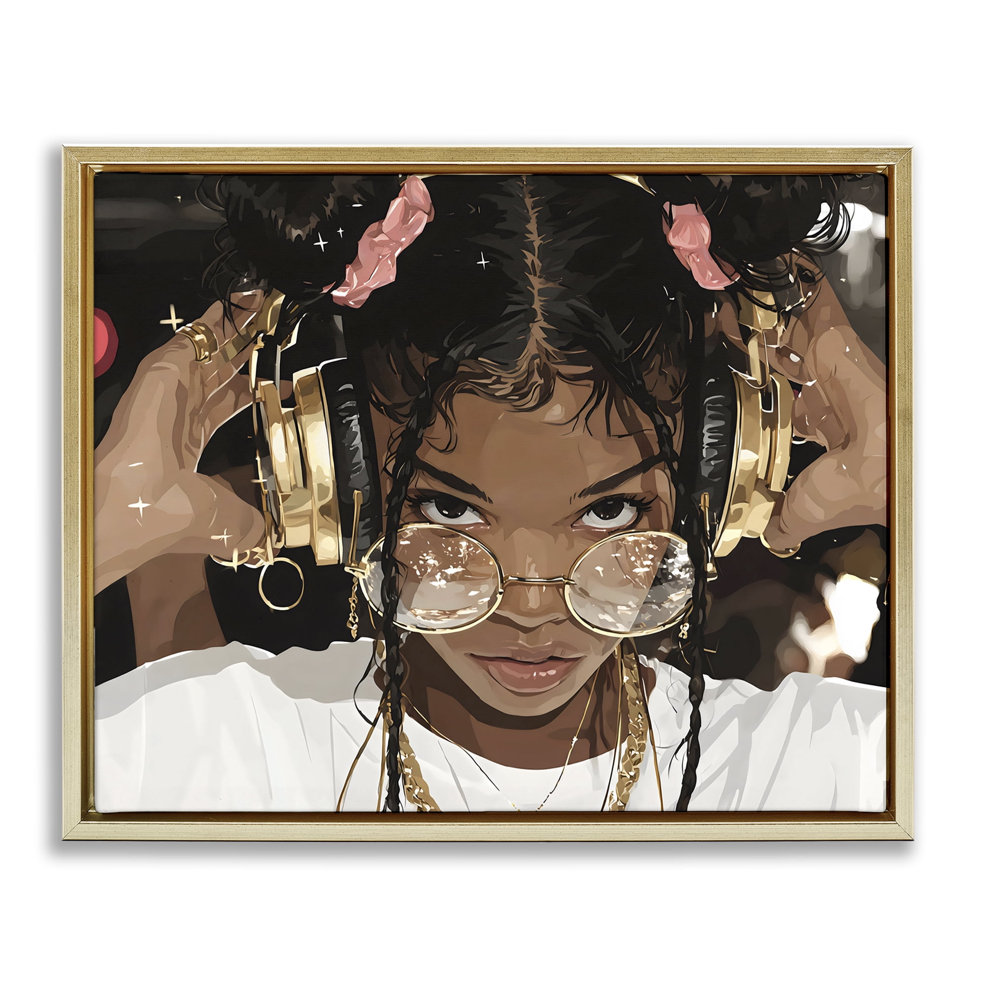 Stupell Industries Trendy Girl with Gold Headphones Gold Framed Floater Canvas Wall Art, design by Franklyn Gregory