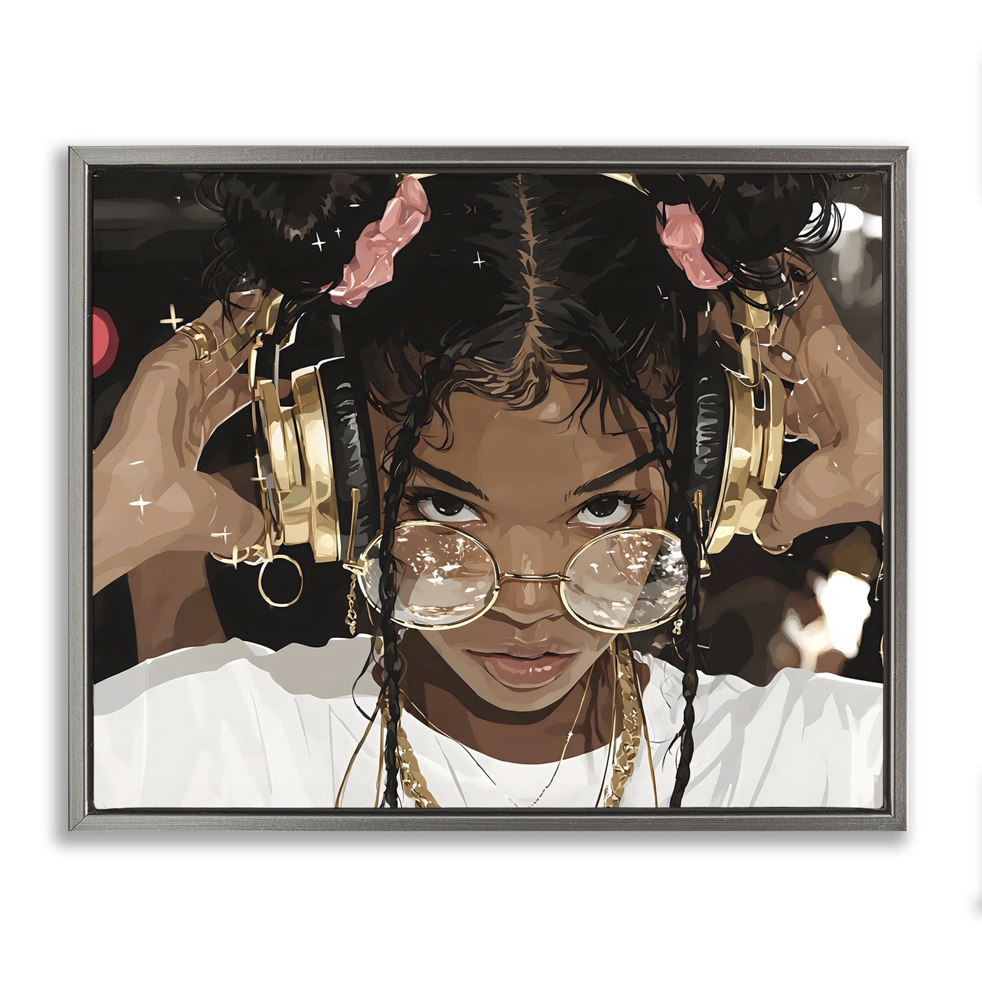 Stupell Industries Trendy Girl with Gold Headphones Gray Framed Floater Canvas Wall Art, design by Franklyn Gregory