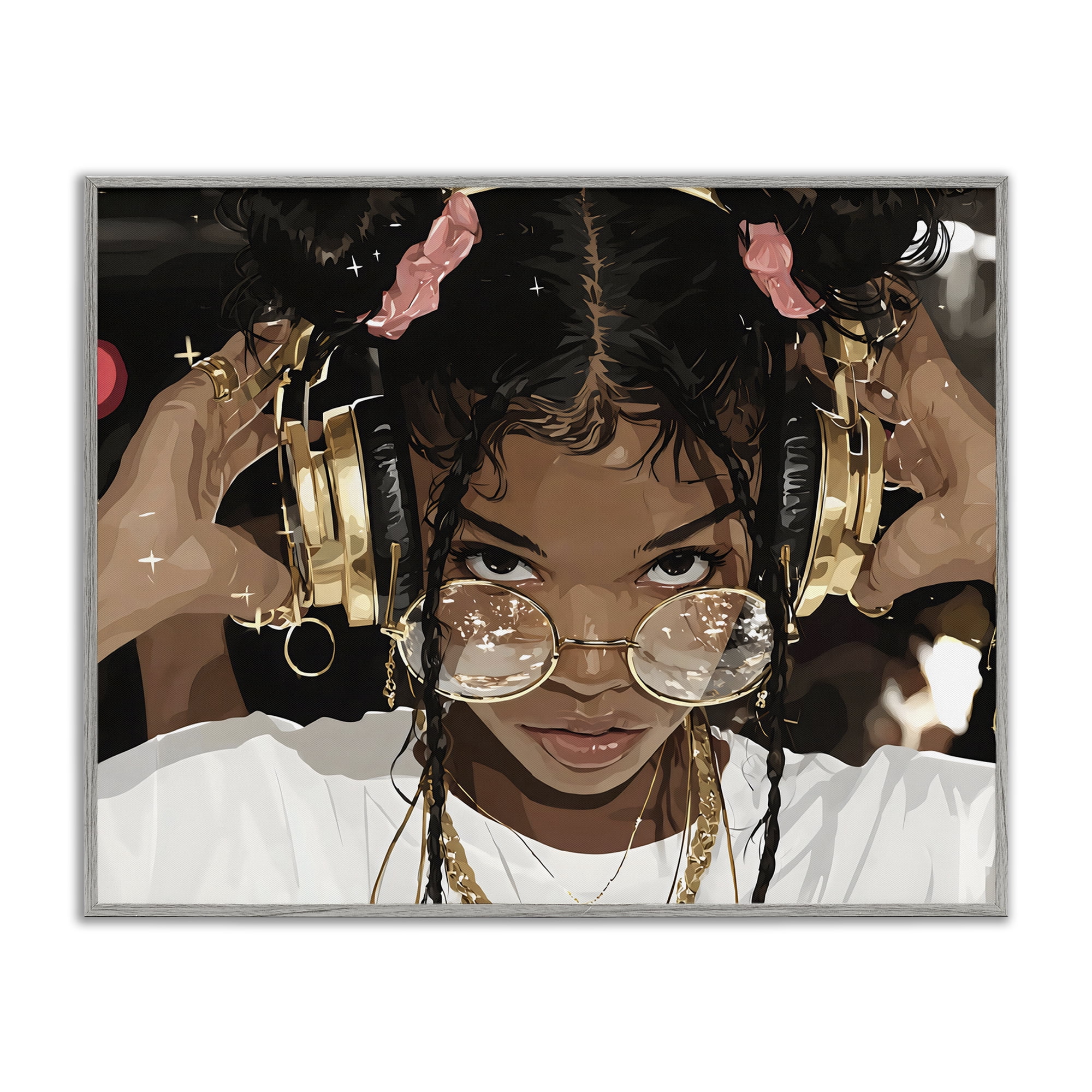 Stupell Industries Trendy Girl with Gold Headphones Gray Framed Giclee Art, design by Franklyn Gregory