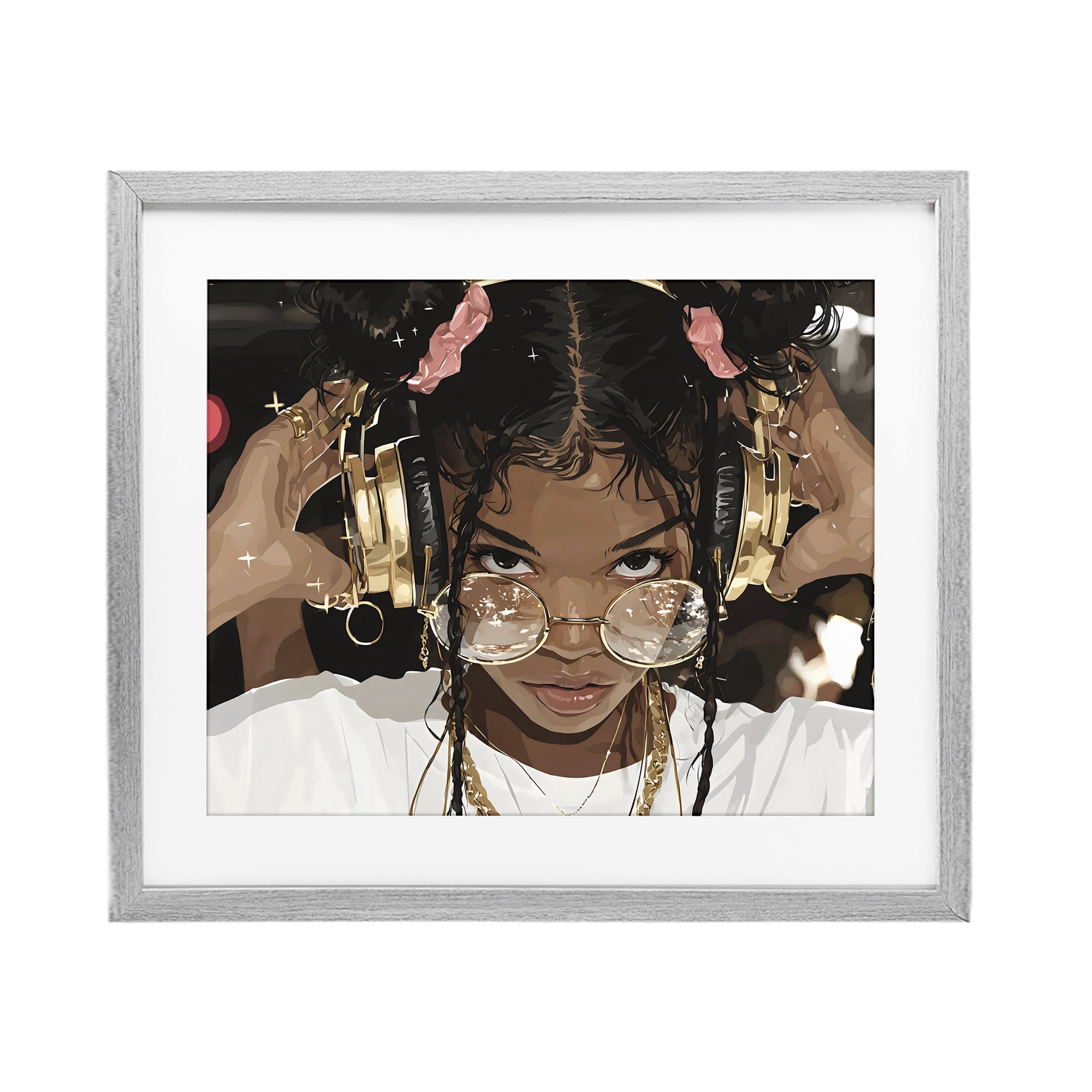 Stupell Industries Trendy Girl with Gold Headphones Gray Framed Print Under Glass, design by Franklyn Gregory