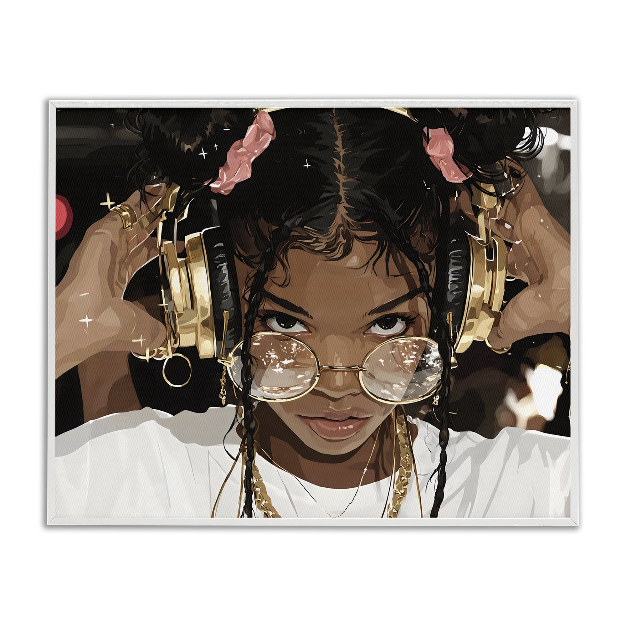 Stupell Industries Trendy Girl with Gold Headphones White Framed Giclee Art, design by Franklyn Gregory