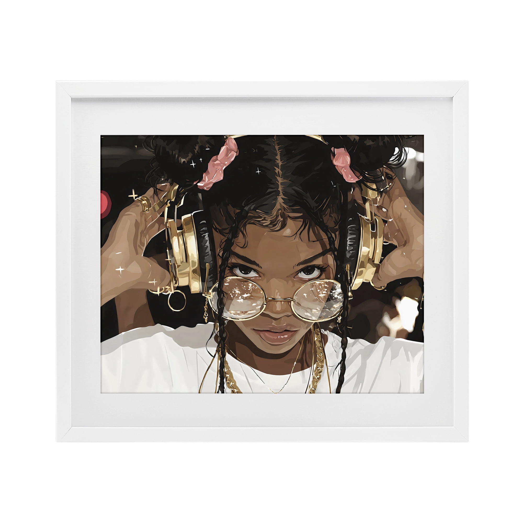 Stupell Industries Trendy Girl with Gold Headphones White Framed Print Under Glass, design by Franklyn Gregory