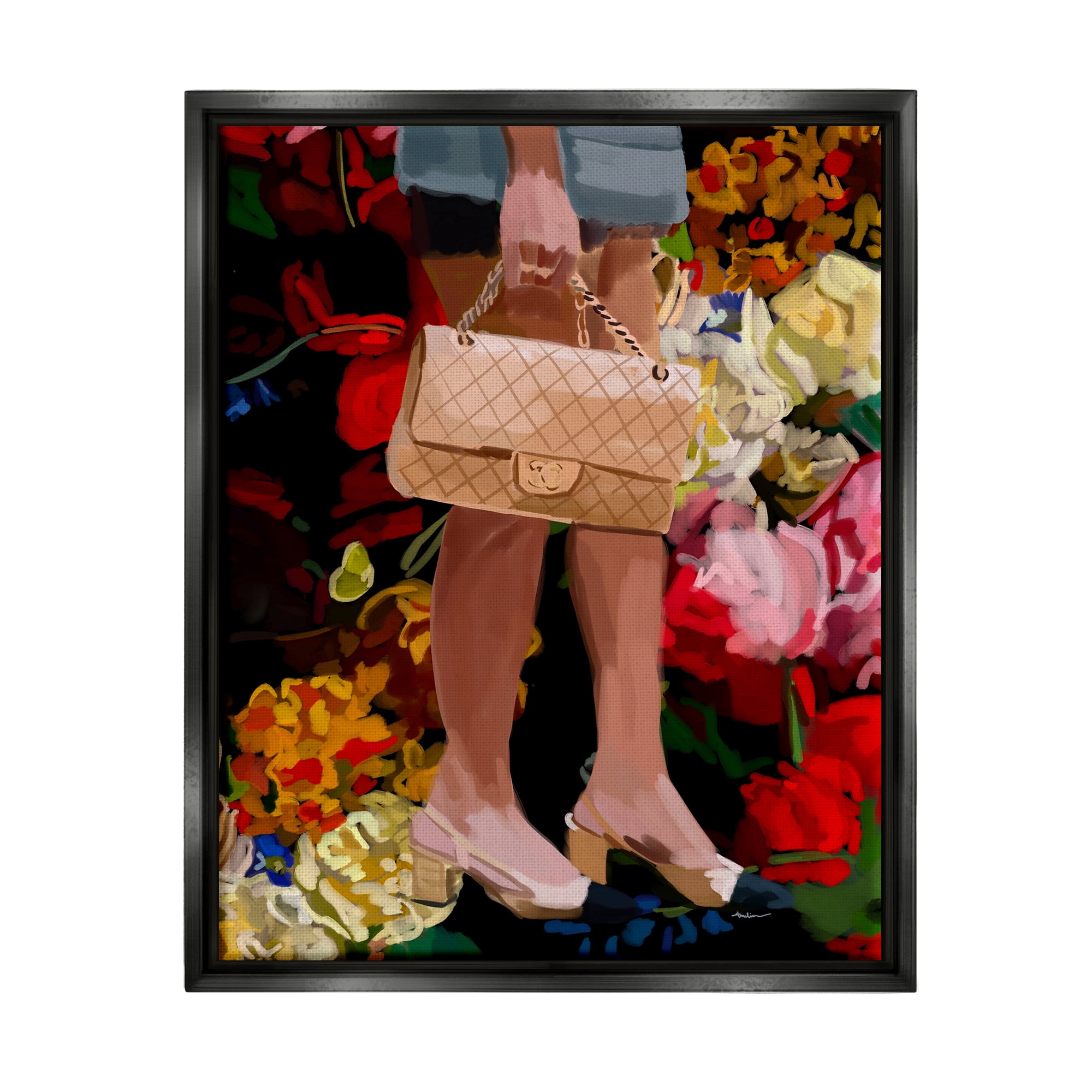 Stupell Industries Trendy Girl with Handbag Beauty & Fashion Painting Black Floater Framed Art Print Wall Art, 25 x 31