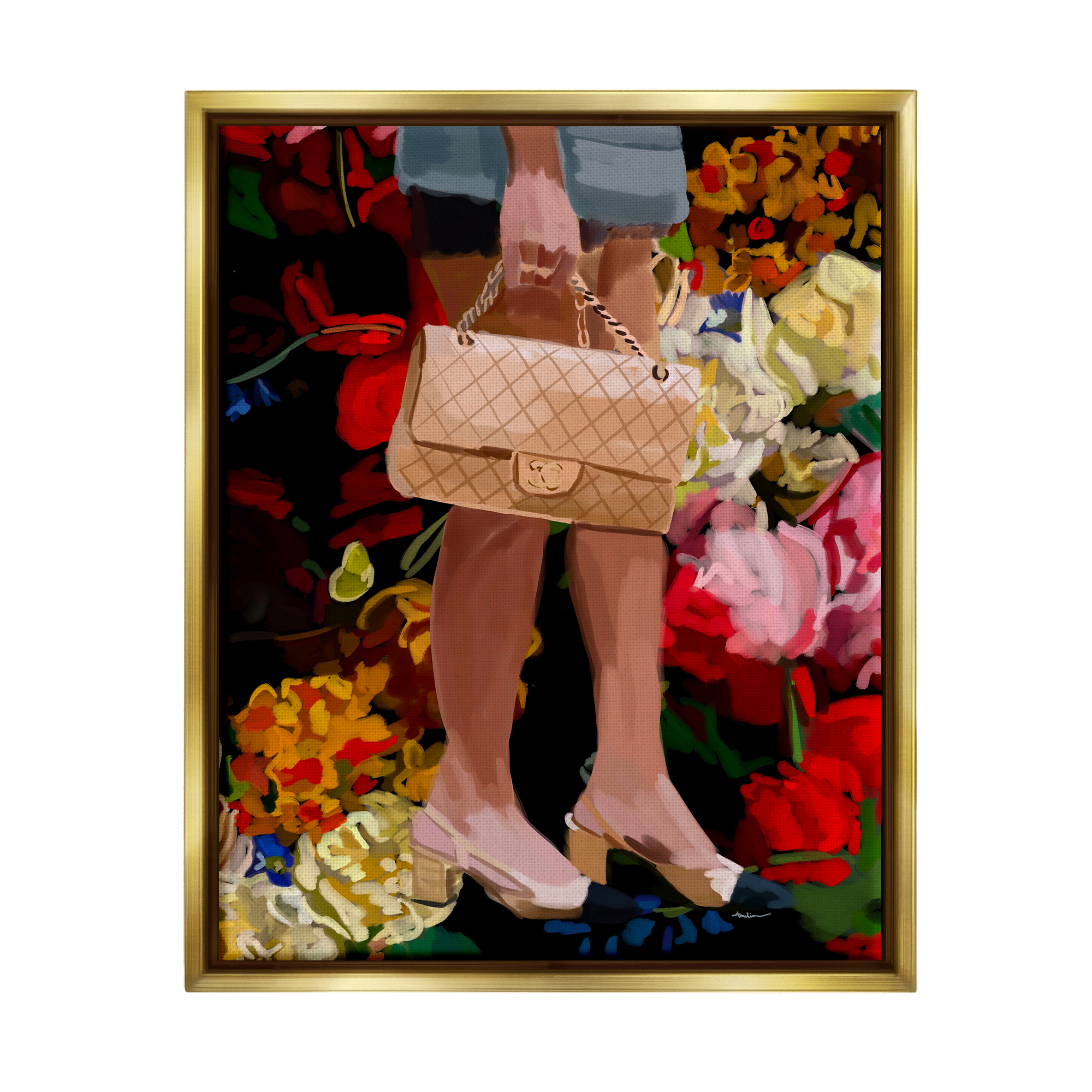 Stupell Industries Trendy Girl with Handbag Beauty & Fashion Painting Gold Floater Framed Art Print Wall Art, 17 x 21