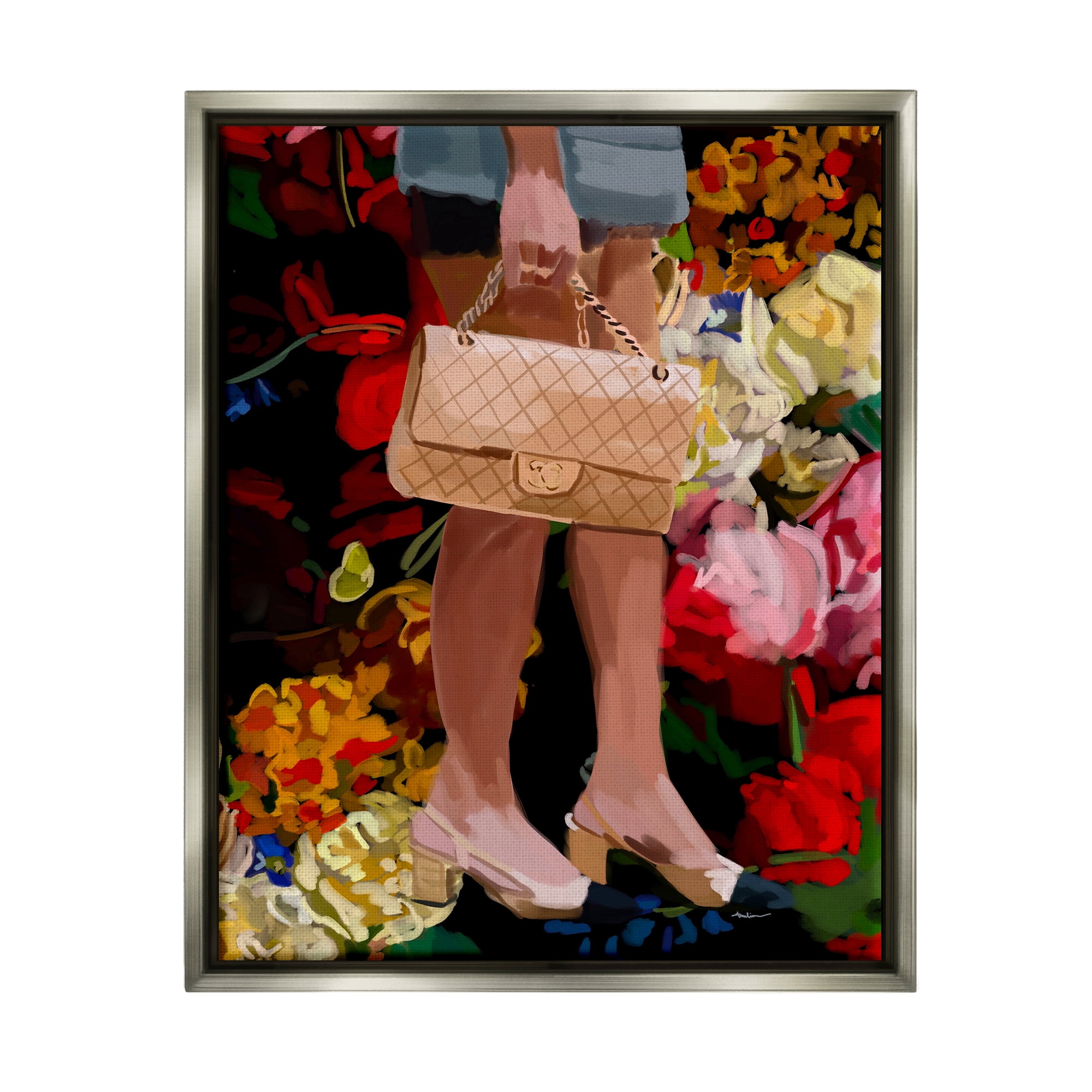 Stupell Industries Trendy Girl with Handbag Beauty & Fashion Painting Gray Floater Framed Art Print Wall Art, 25 x 31