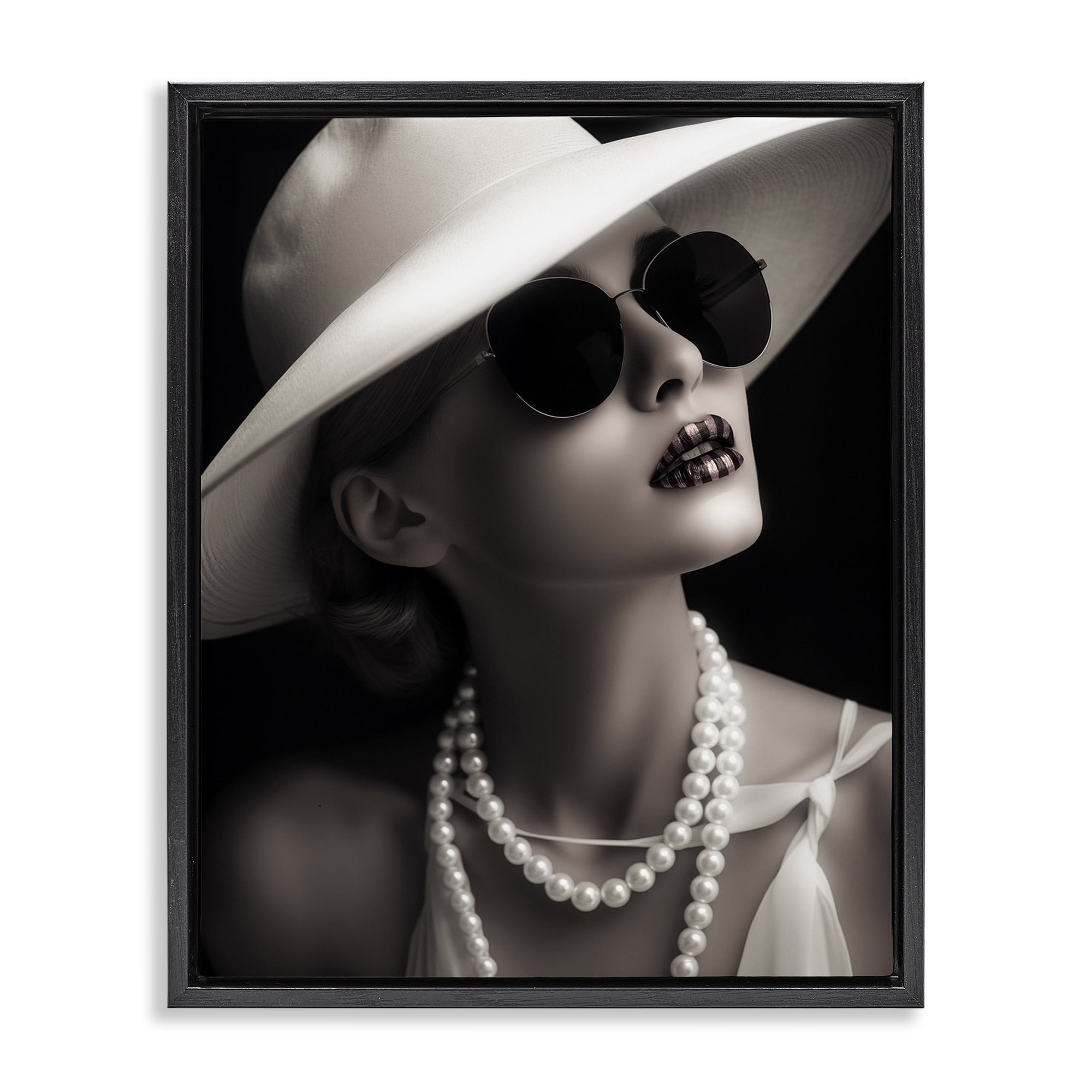 Stupell Industries Trendy Girl with Striped Lips Novelty Painting Black Floater Framed Art Print Wall Art, 17 x 21