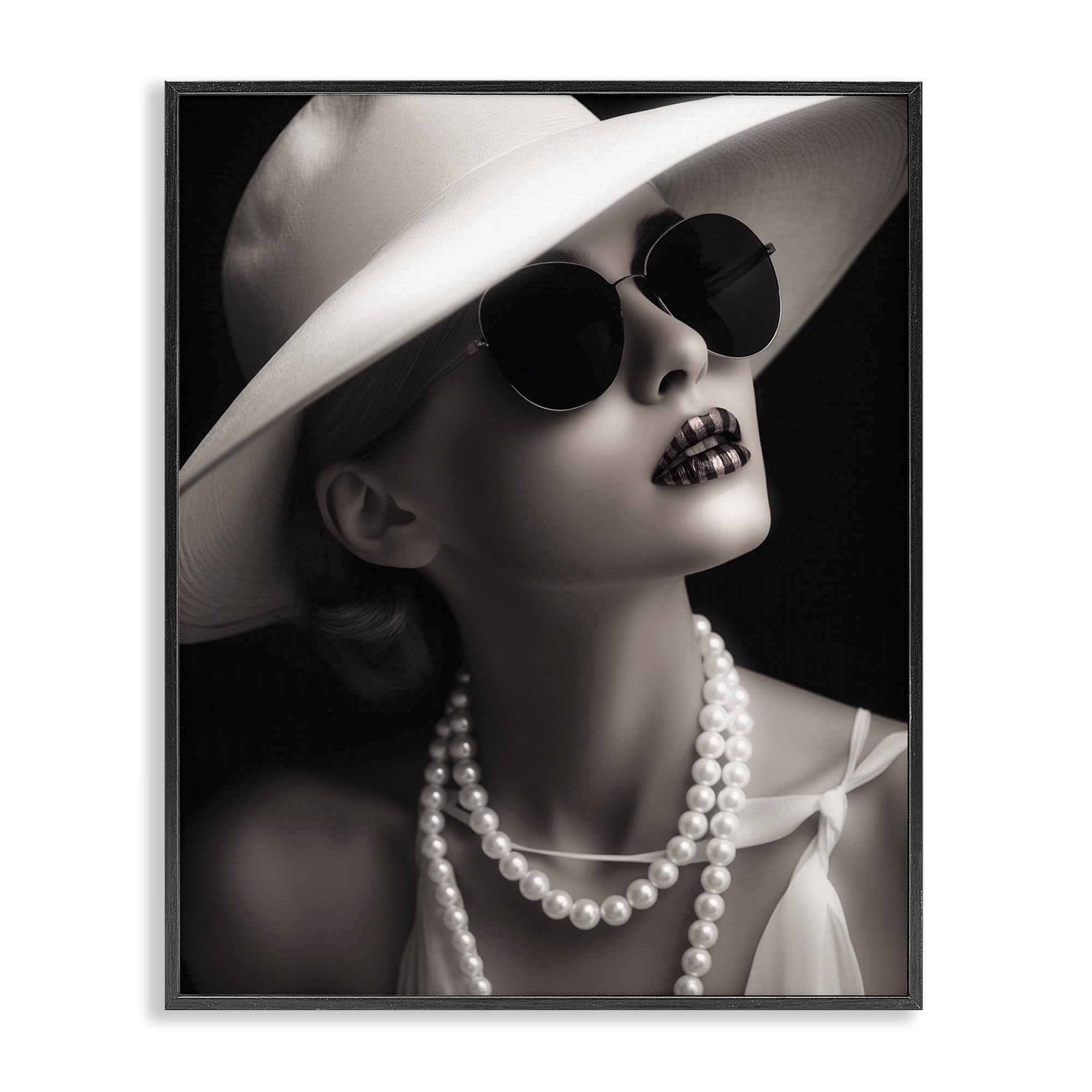 Stupell Industries Trendy Girl with Striped Lips Novelty Painting Black Framed Art Print Wall Art, 16 x 20