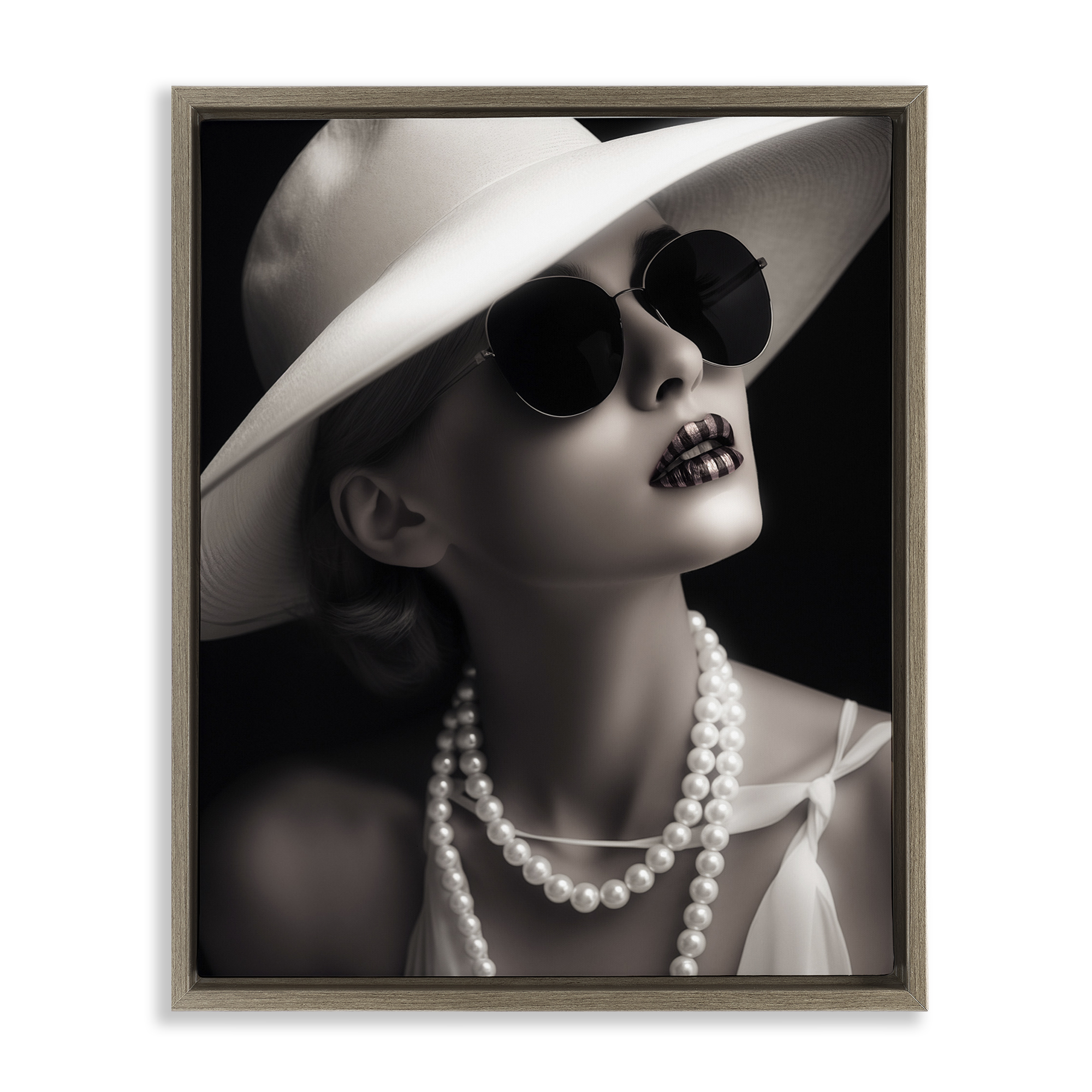 Stupell Industries Trendy Girl with Striped Lips Novelty Painting Brown Floater Framed Art Print Wall Art, 17 x 21