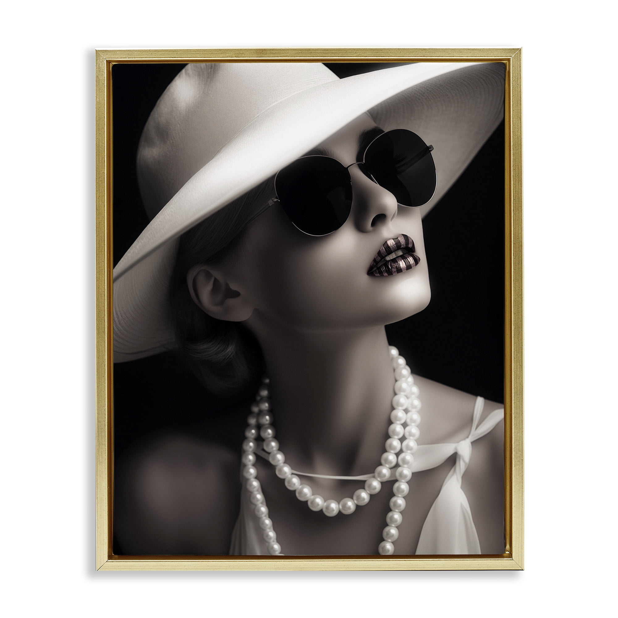 Stupell Industries Trendy Girl with Striped Lips Novelty Painting Gold Floater Framed Art Print Wall Art, 25 x 31