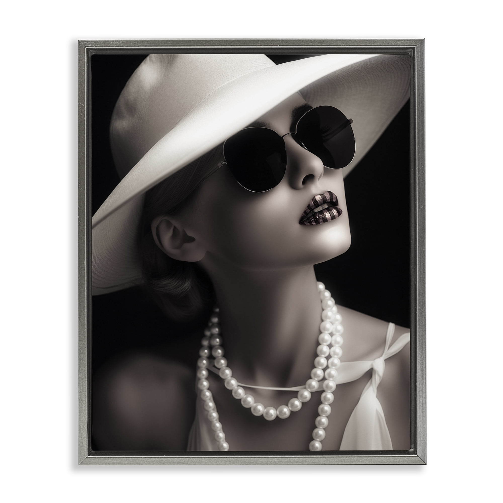 Stupell Industries Trendy Girl with Striped Lips Novelty Painting Gray Floater Framed Art Print Wall Art, 17 x 21