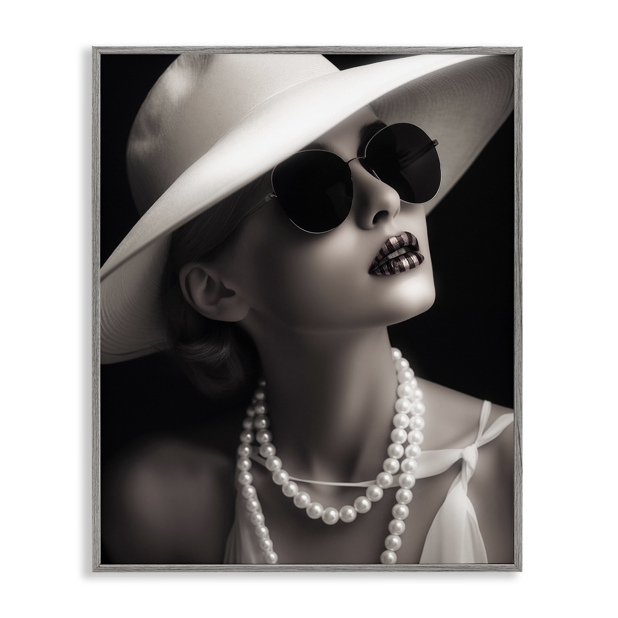 Stupell Industries Trendy Girl with Striped Lips Novelty Painting Gray Framed Art Print Wall Art, 24 x 30