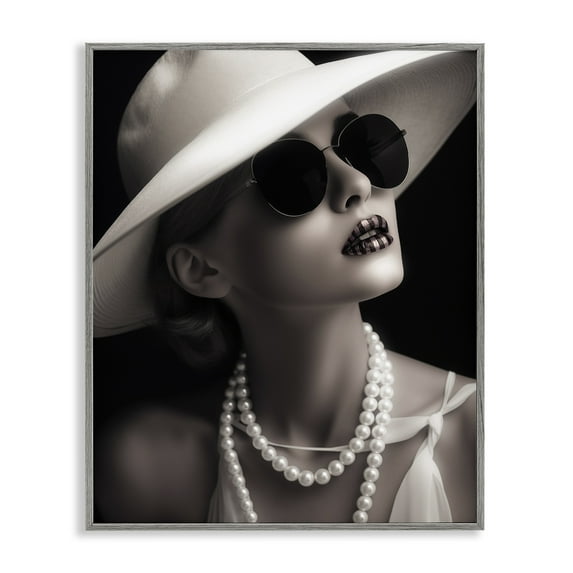 Stupell Industries Trendy Girl with Striped Lips Novelty Painting Gray Framed Art Print Wall Art, 24 x 30