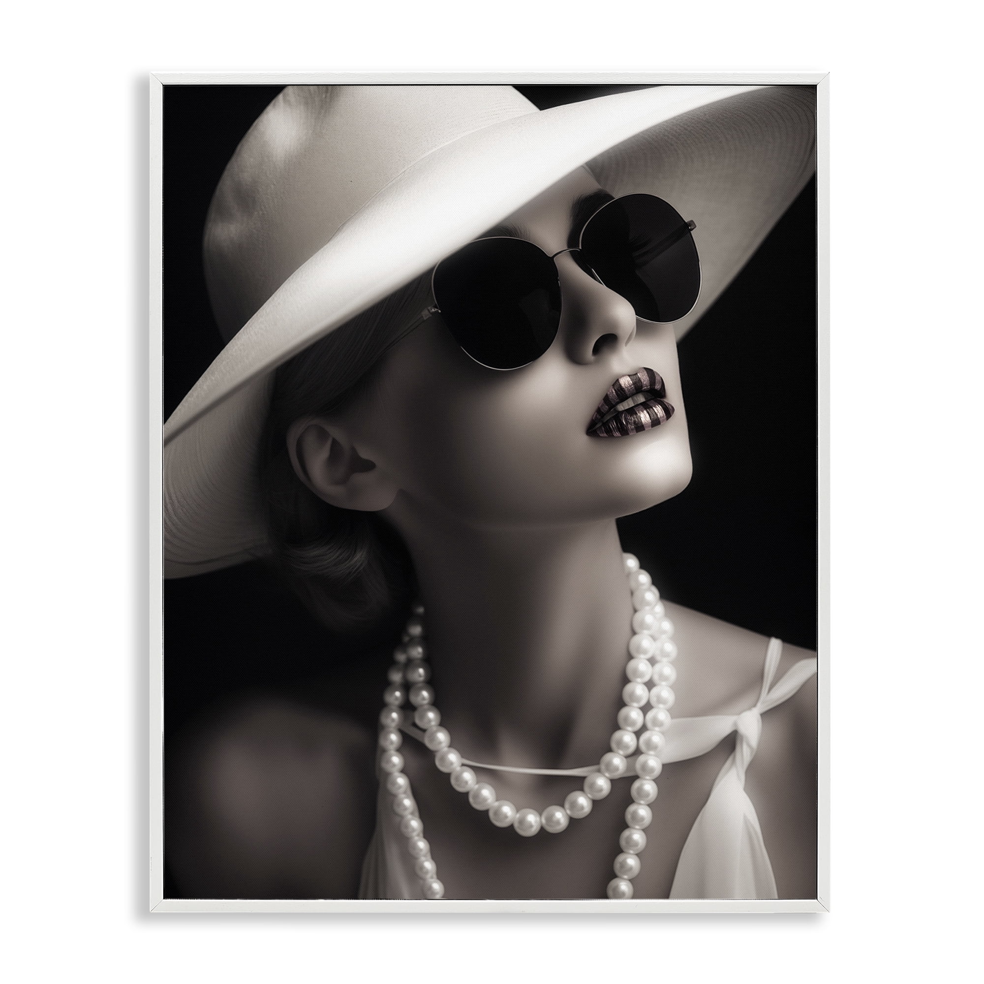 Stupell Industries Trendy Girl with Striped Lips Novelty Painting White Framed Art Print Wall Art, 16 x 20