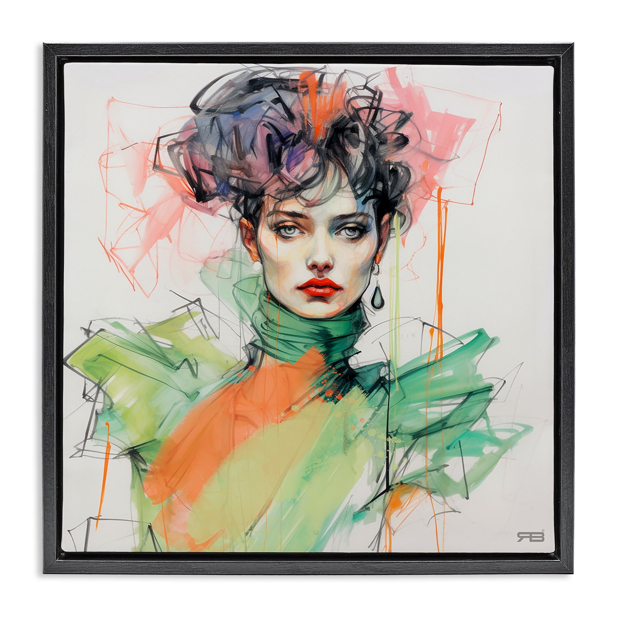 Stupell Industries Trendy Glam Portrait People Painting Black Floater Framed Canvas Art Print Wall Art, 25 x 25