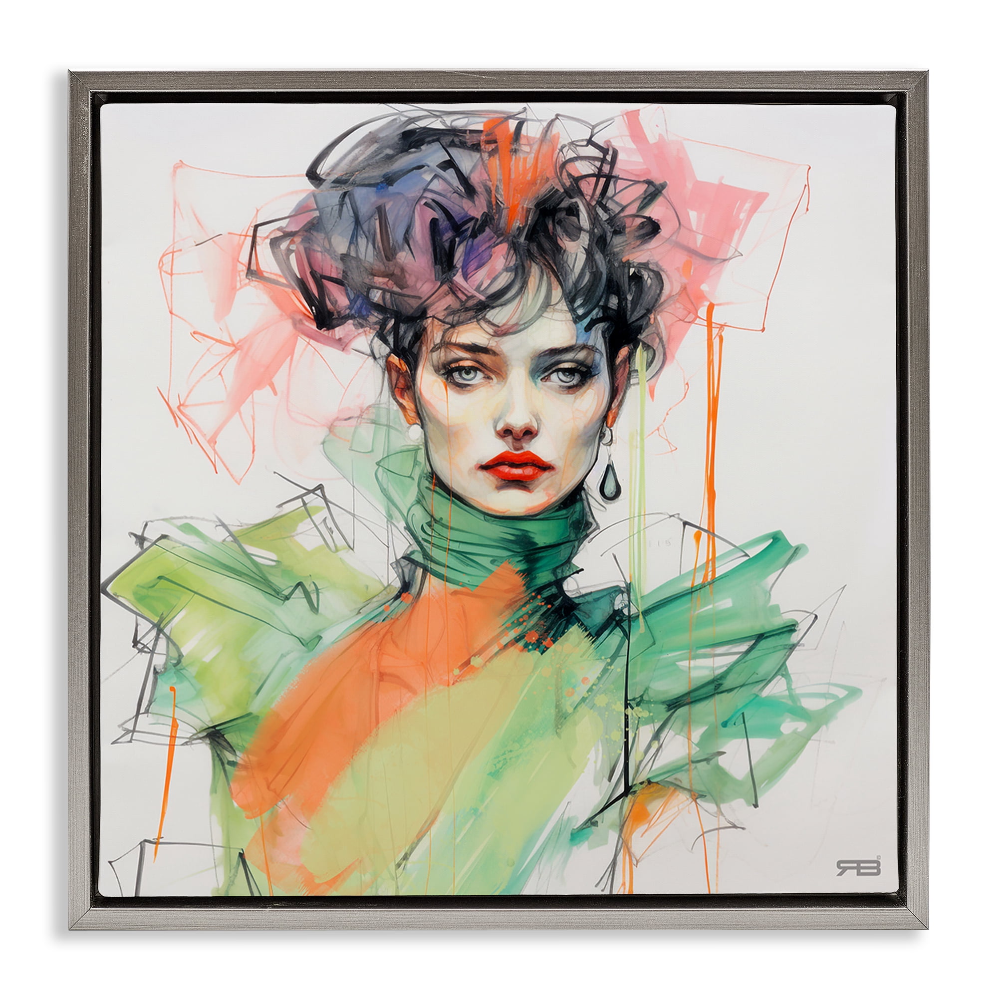 Stupell Industries Trendy Glam Portrait People Painting Gray Floater Framed Canvas Art Print Wall Art, 18 x 18