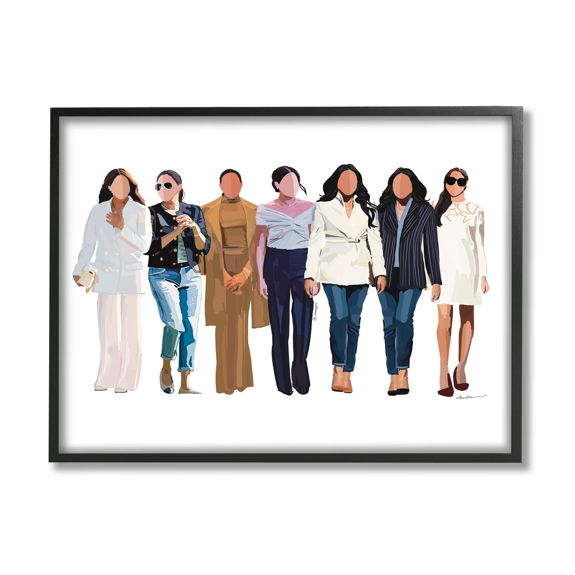 Stupell Industries Trendy Glam Women Walking Varied Fashion Outfits Graphic Art Black Framed Art Print Wall Art, Design by Amelia Noyes