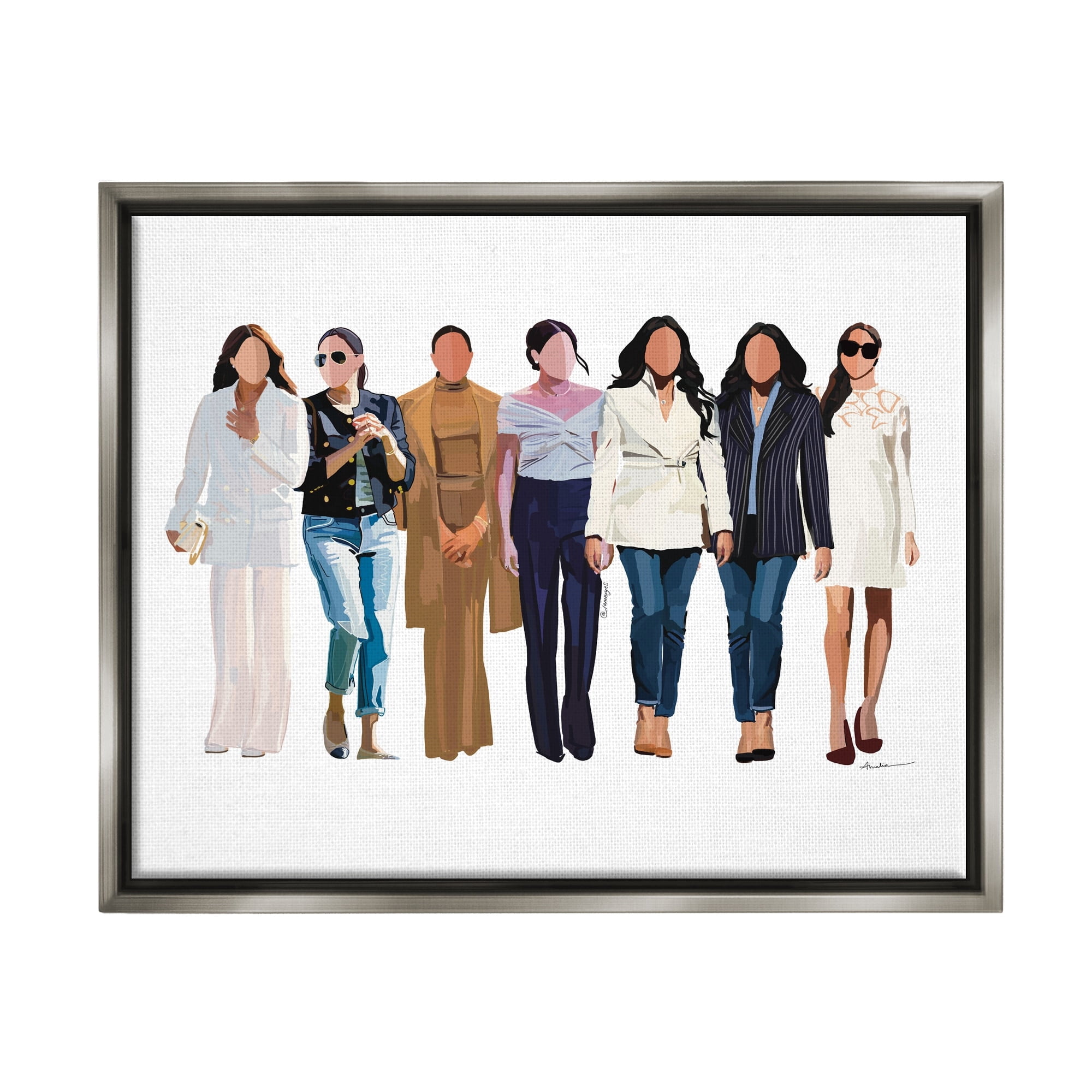 Stupell Industries Trendy Glam Women Walking Varied Fashion Outfits Graphic Art Luster Gray Floating Framed Canvas Print Wall Art, Design by Amelia Noyes