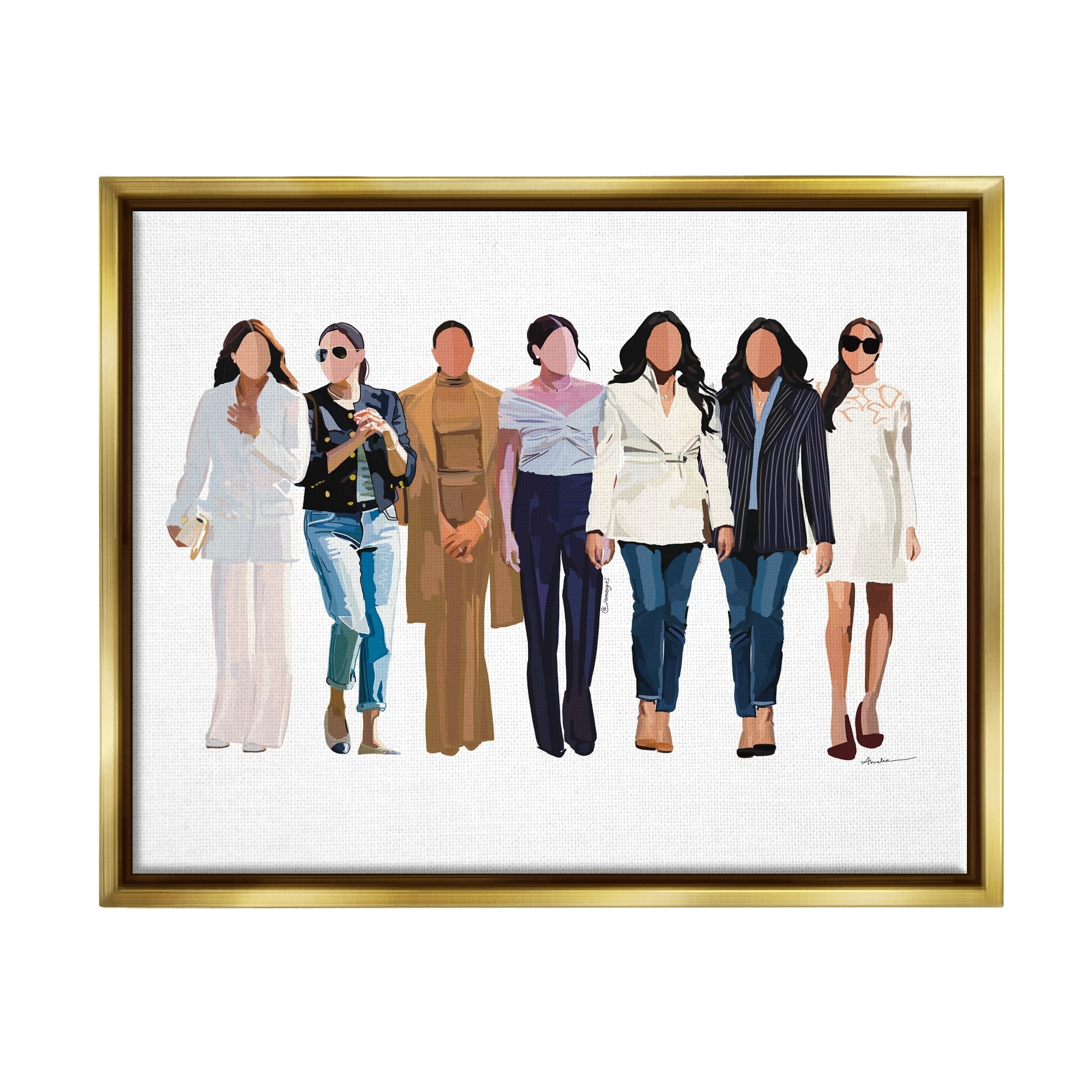 Stupell Industries Trendy Glam Women Walking Varied Fashion Outfits Graphic Art Metallic Gold Floating Framed Canvas Print Wall Art, Design by Amelia Noyes