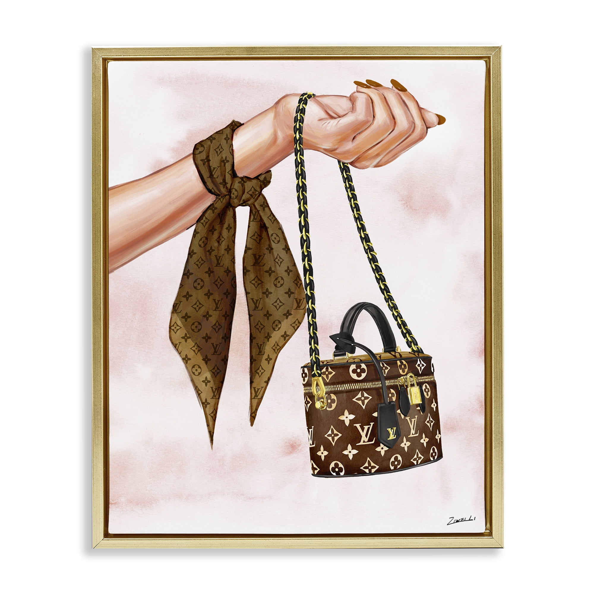Stupell Industries Trendy Handbag on Wrist Fashion Painting Gold Floater Framed Canvas Art Print Wall Art, 25 x 31