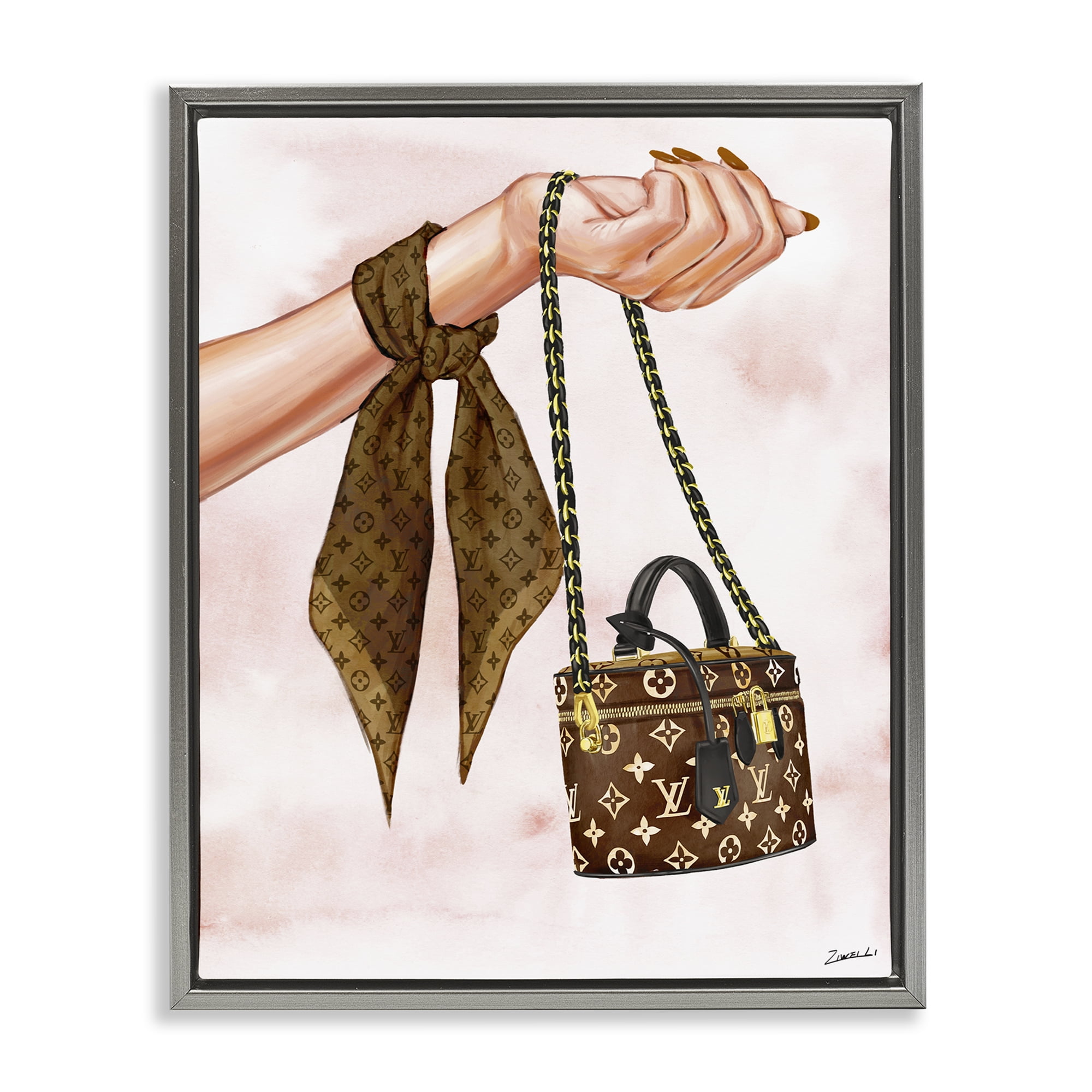 Stupell Industries Trendy Handbag on Wrist Fashion Painting Gray Floater Framed Canvas Art Print Wall Art, 17 x 21