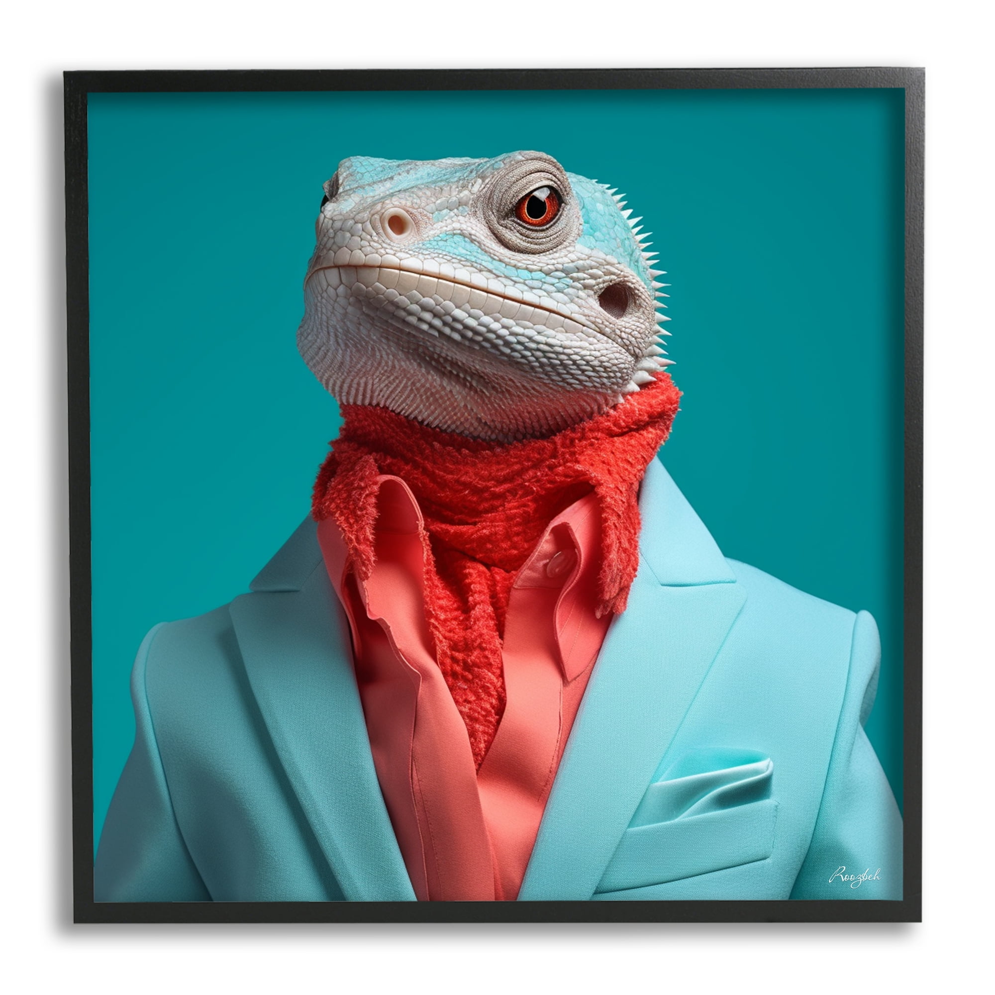 Stupell Industries Trendy Iguana Portrait Animals & Insects Painting Black Framed Art Print Wall Art, 24 x 24
