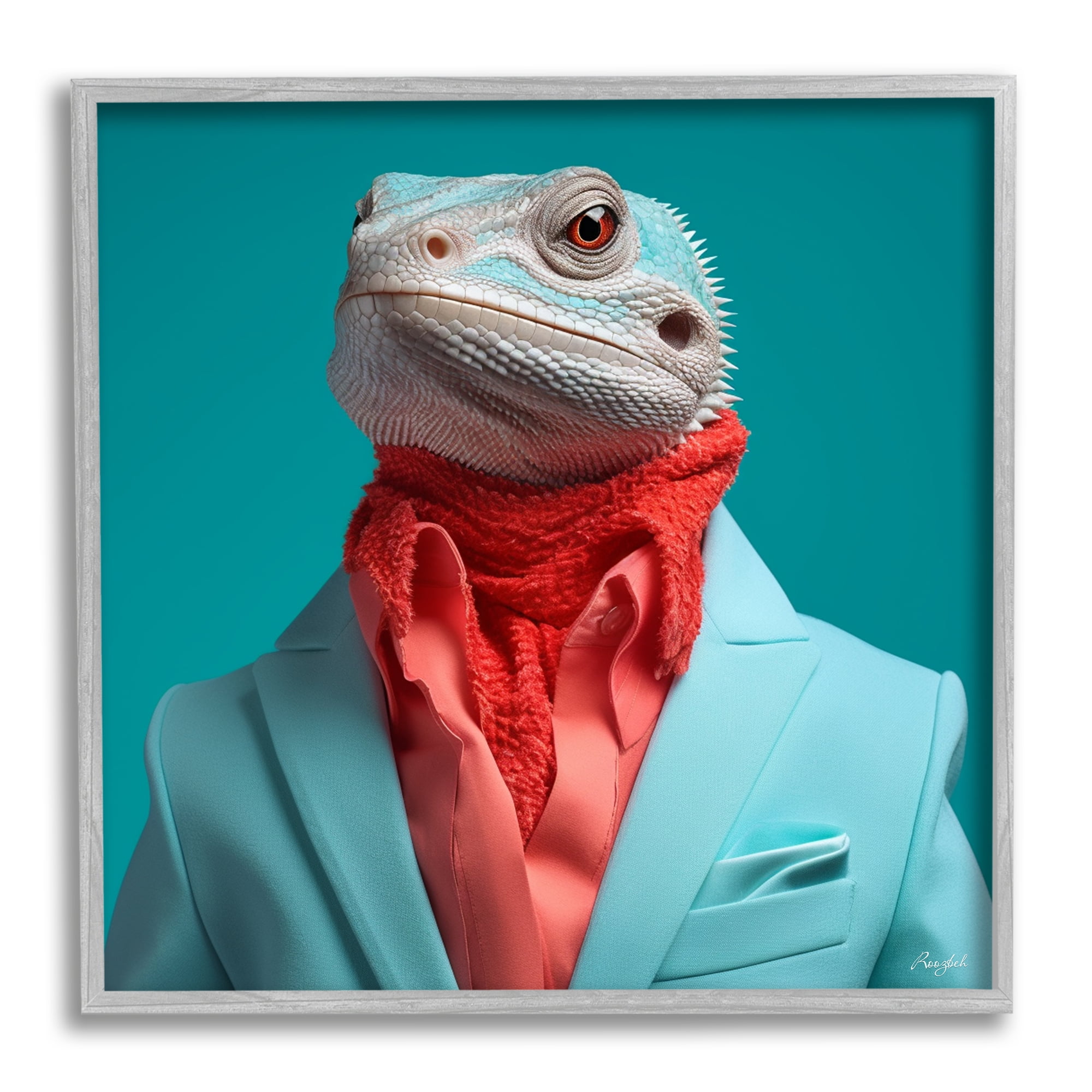 Stupell Industries Trendy Iguana Portrait Animals & Insects Painting Gray Framed Art Print Wall Art, 12 x 12