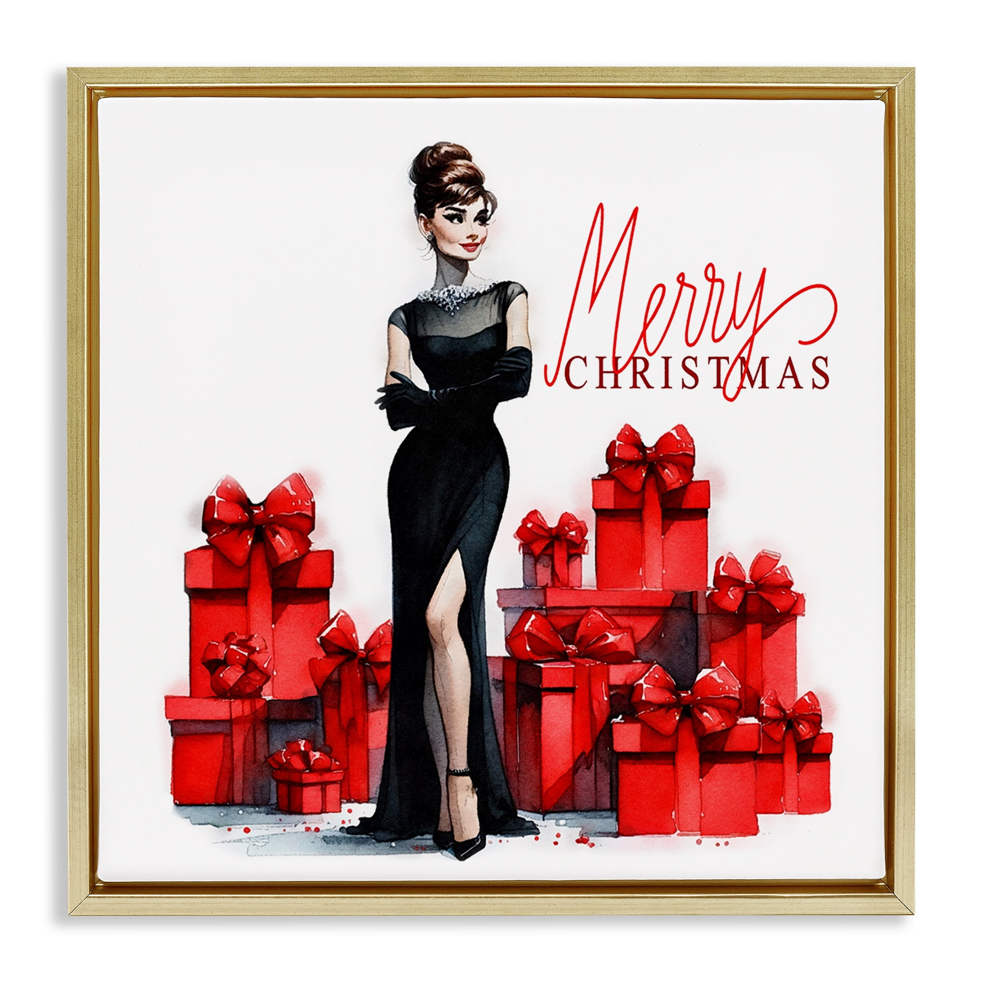 Stupell Industries Trendy Merry Christmas Holiday Painting Gold Floater Framed Canvas Art Prints Wall Art, 25 x 25