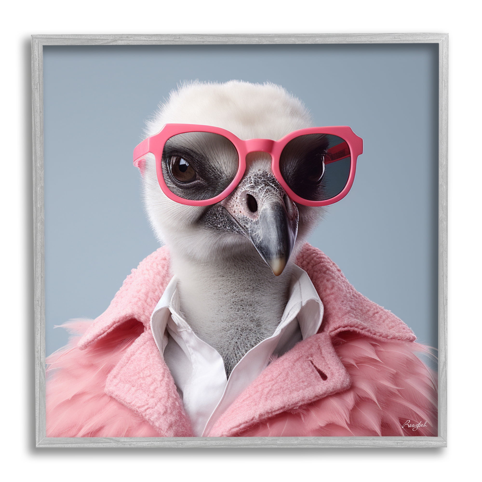 Stupell Industries Trendy Ostrich in Pink Animals & Insects Painting Gray Framed Art Print Wall Art, 12 x 12