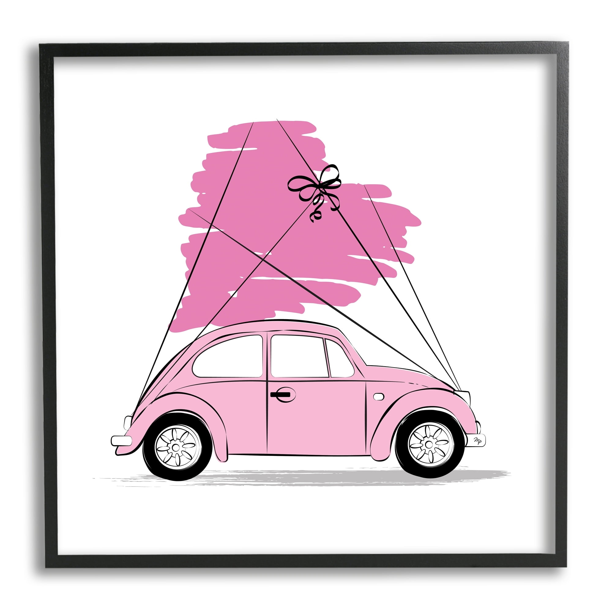 Stupell Industries Trendy Pink Buggy Car Chic Wrapped Heart Graphic Art Black Framed Art Print Wall Art, Design by Martina Pavlova