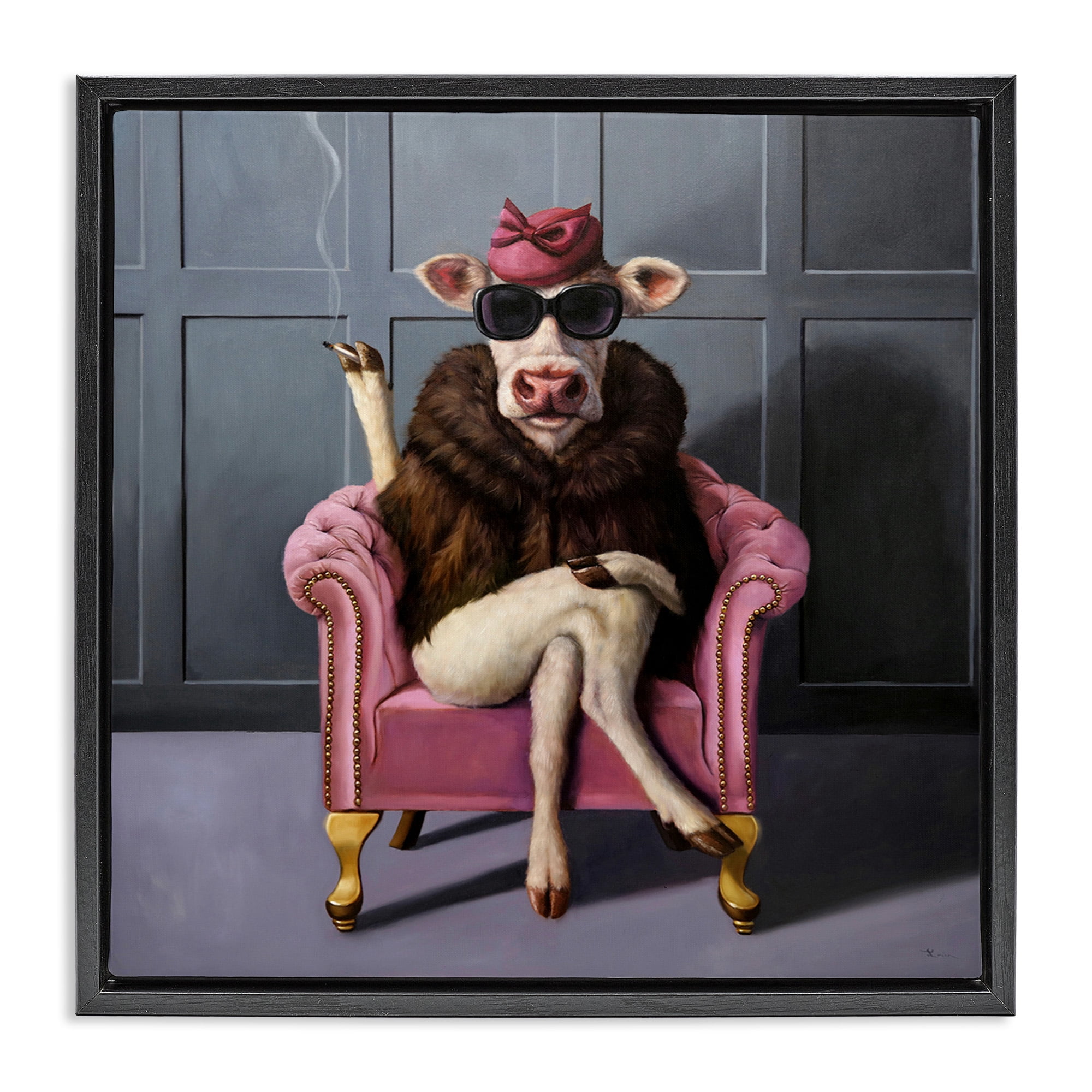 Stupell Industries Trendy Pink Glam Cow Animals & Insects Painting Black Floater Framed Canvas Art Print Wall Art, 25 x 25
