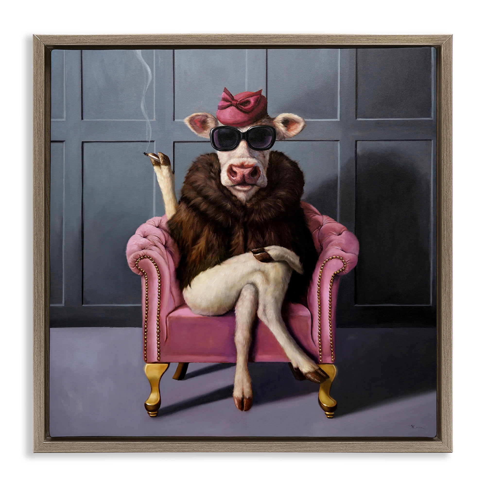 Stupell Industries Trendy Pink Glam Cow Animals & Insects Painting Brown Floater Framed Canvas Art Print Wall Art, 25 x 25