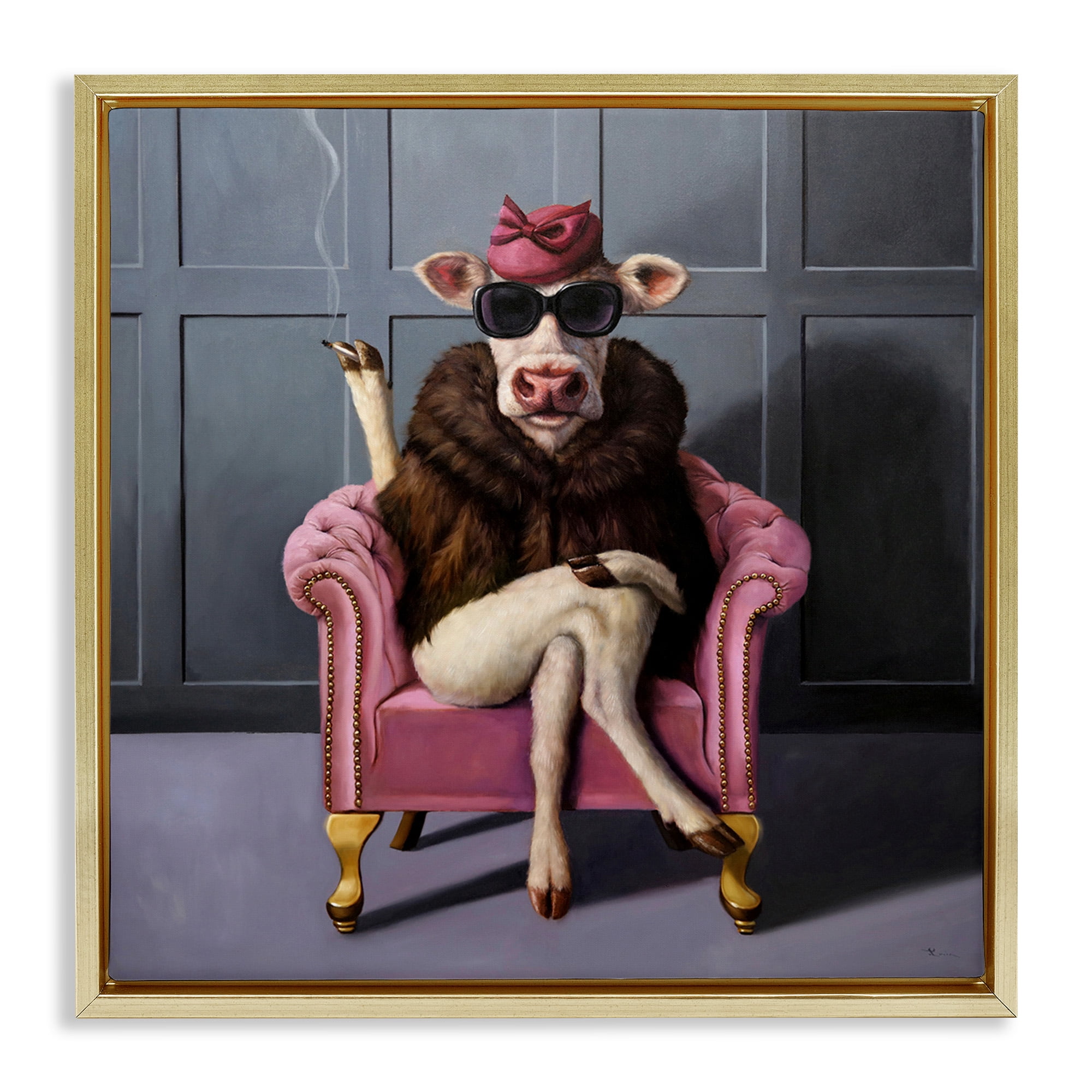 Stupell Industries Trendy Pink Glam Cow Animals & Insects Painting Gold Floater Framed Canvas Art Print Wall Art, 18 x 18