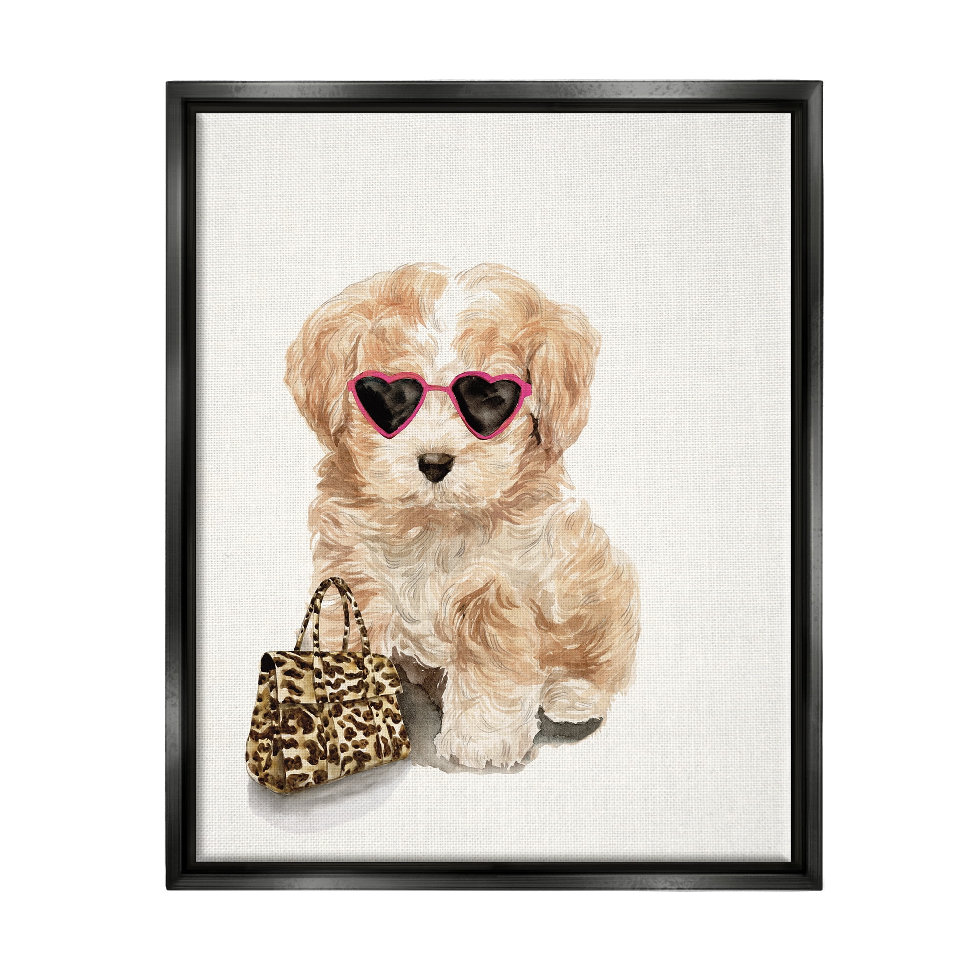 Stupell Industries Trendy Puppy with Purse Animals & Insects Painting Black Floater Framed Art Print Wall Art, 25 x 31
