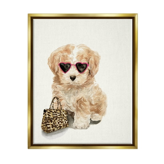 Stupell Industries Trendy Puppy with Purse Animals & Insects Painting Gold Floater Framed Art Print Wall Art, 25 x 31
