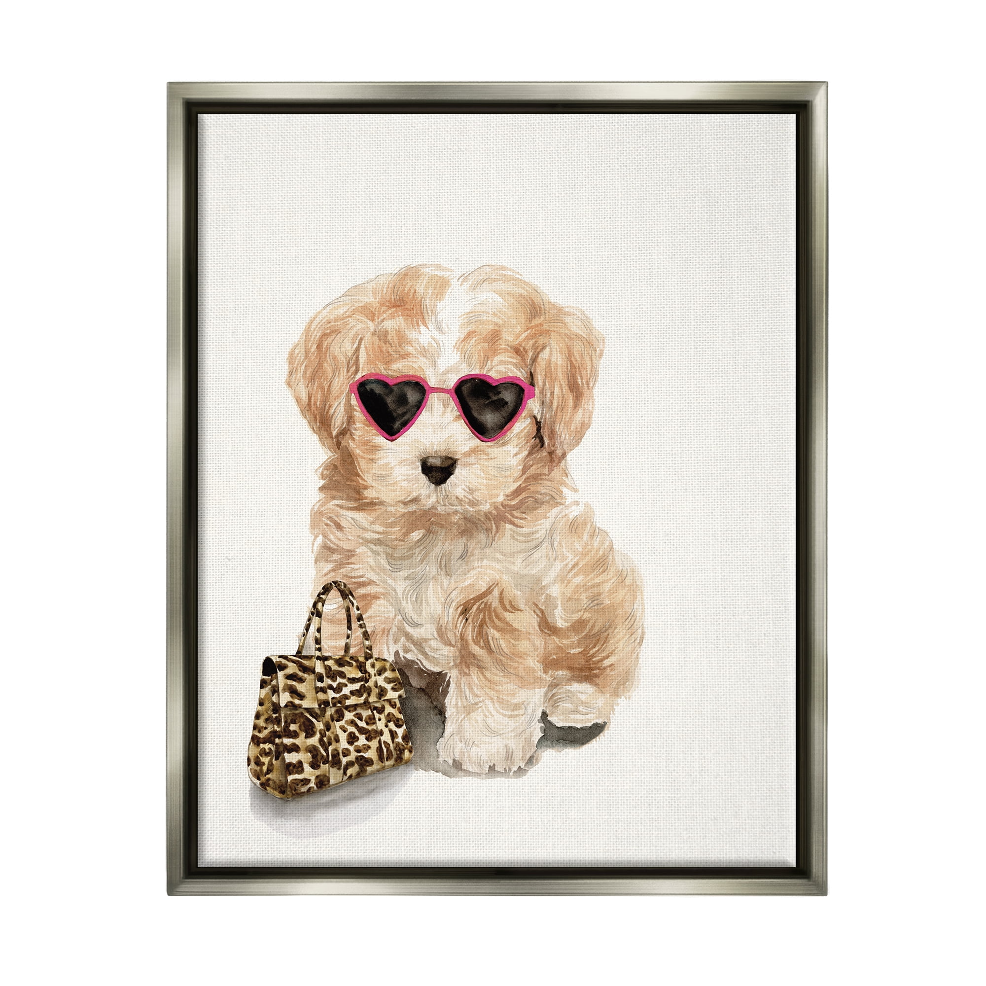 Stupell Industries Trendy Puppy with Purse Animals & Insects Painting Gray Floater Framed Art Print Wall Art, 25 x 31