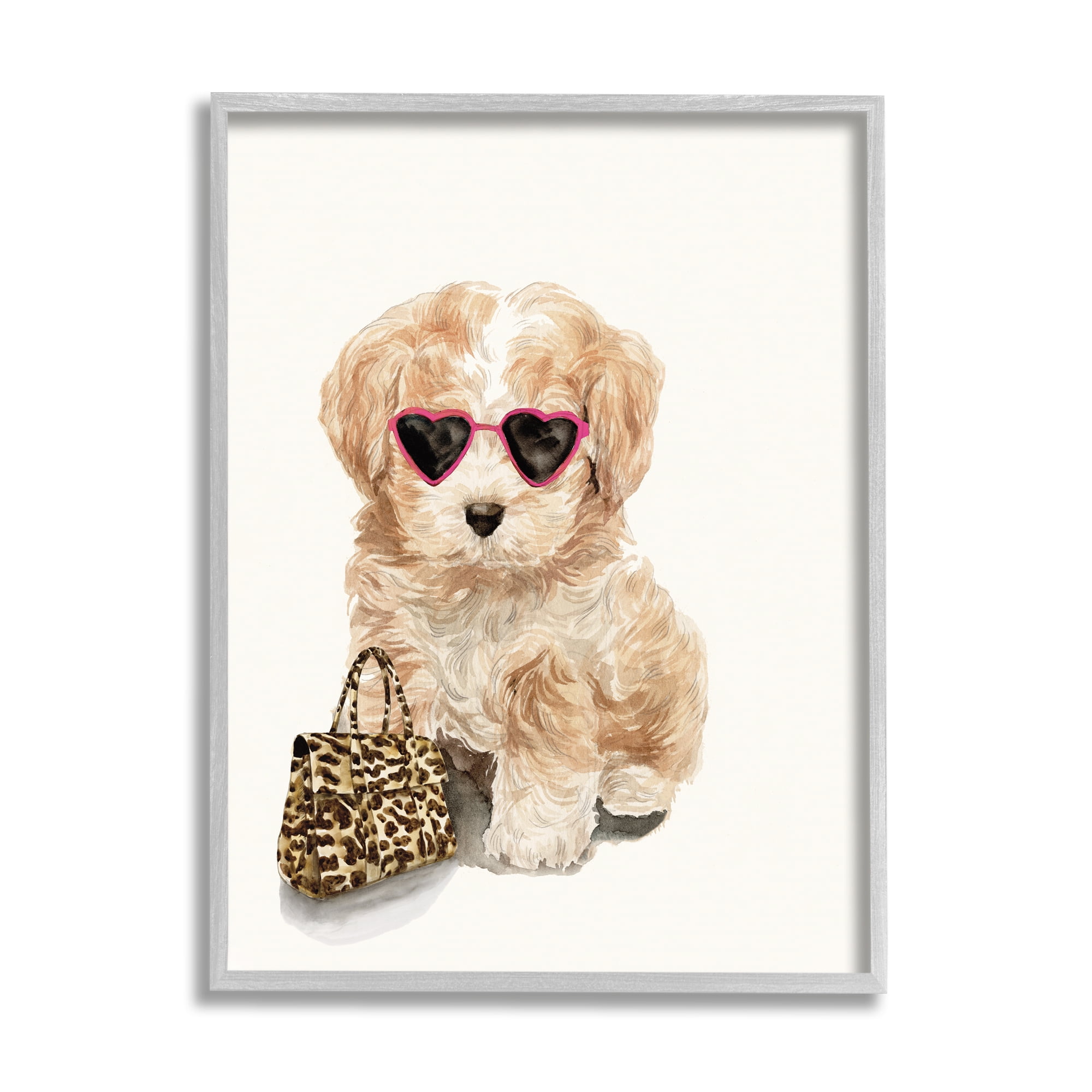 Stupell Industries Trendy Puppy with Purse Animals & Insects Painting Gray Framed Art Print Wall Art, 24 x 30