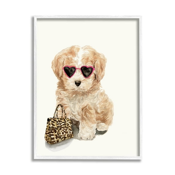 Stupell Industries Trendy Puppy with Purse Animals & Insects Painting White Framed Art Print Wall Art, 11 x 14