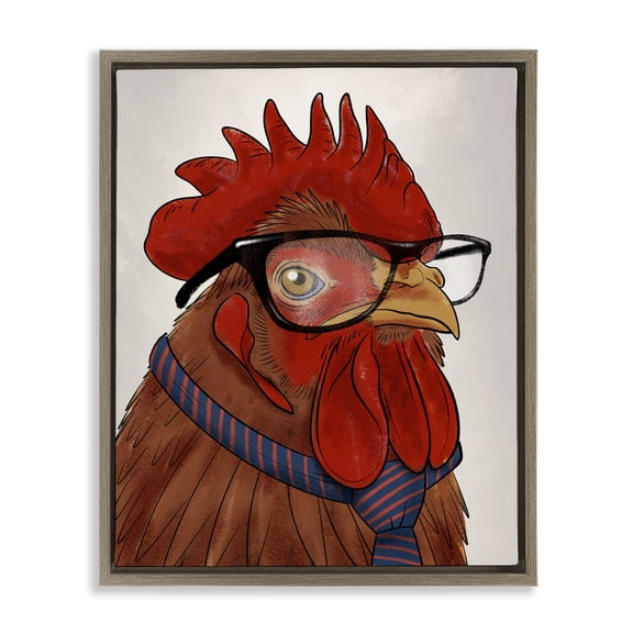 Stupell Industries Trendy Rooster with Tie Animals Painting Brown Floater Framed Canvas Art Print Wall Art, 17 x 21