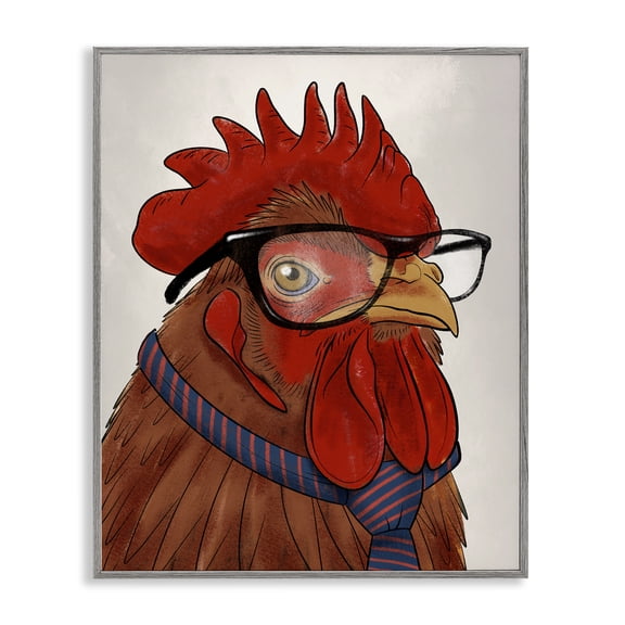 Stupell Industries Trendy Rooster with Tie Animals Painting Gray Framed Art Print Wall Art, 16 x 20