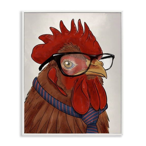 Stupell Industries Trendy Rooster with Tie Animals Painting White Framed Art Print Wall Art, 16 x 20