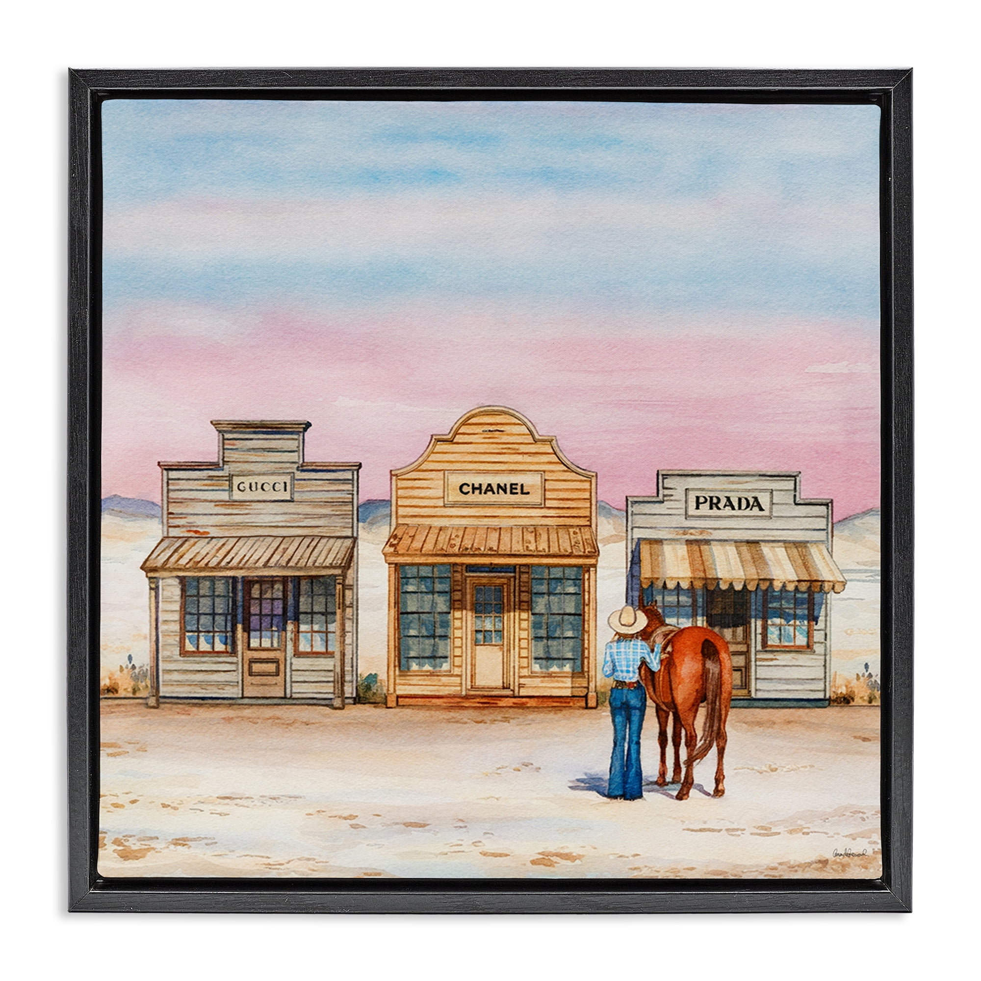 Stupell Industries Trendy Saloon Shops Cowgirl Fashion Painting Black Floater Framed Canvas Art Print Wall Art, 18 x 18