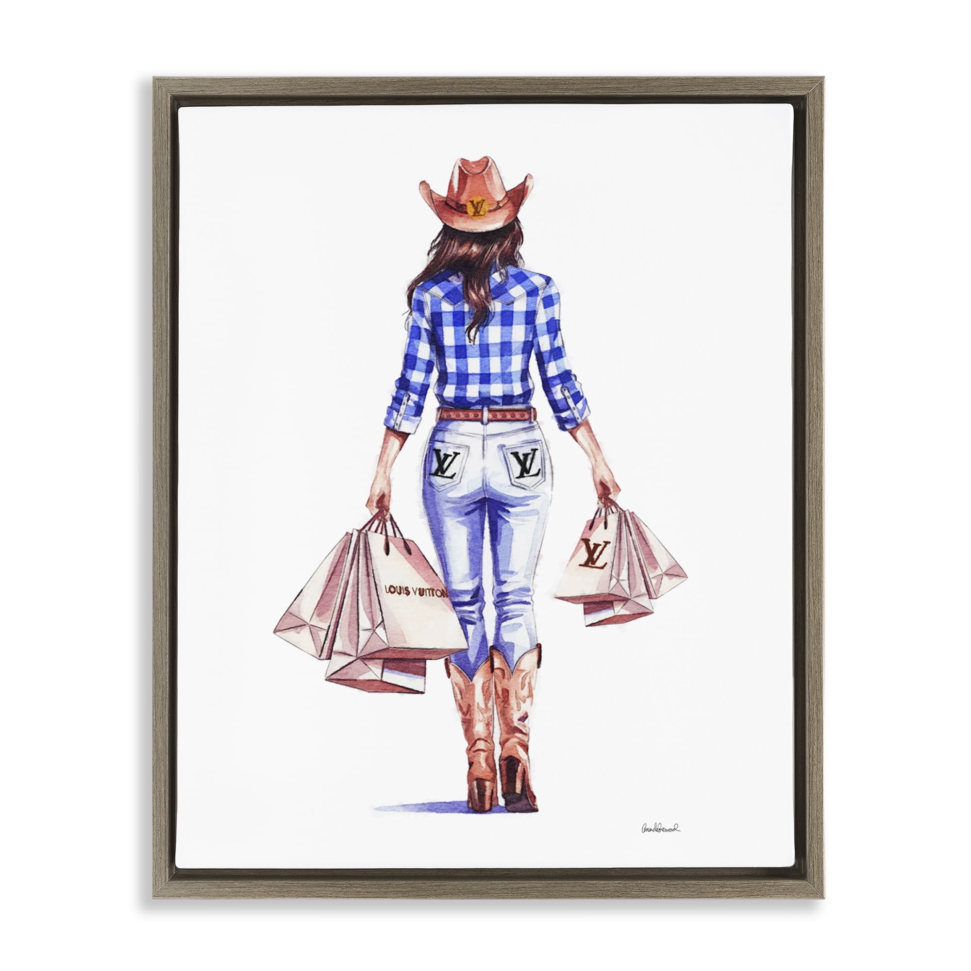 Stupell Industries Trendy Shopping Cowgirl People Painting Brown Floater Framed Canvas Art Print Wall Art, 17 x 21