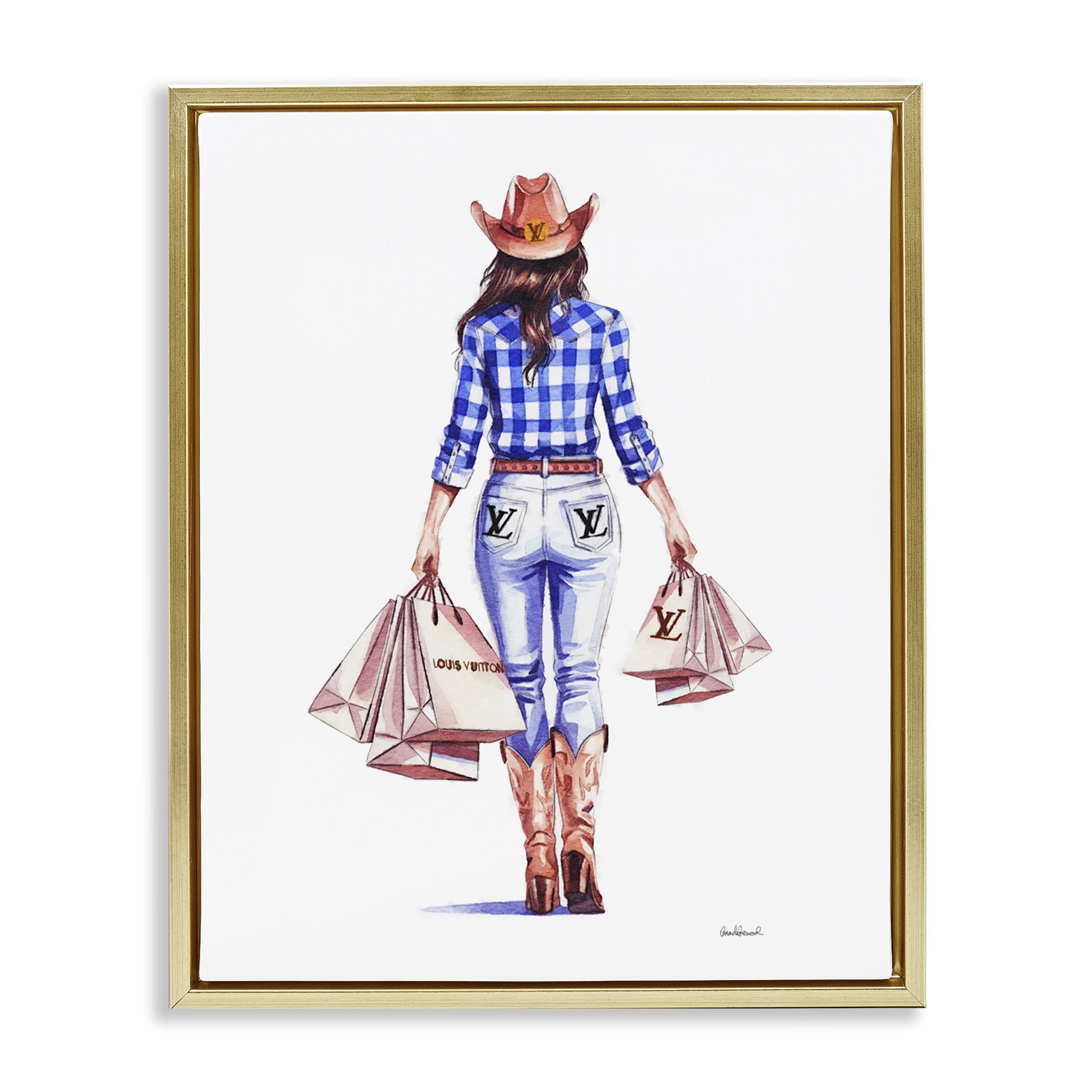 Stupell Industries Trendy Shopping Cowgirl People Painting Gold Floater Framed Canvas Art Print Wall Art, 17 x 21