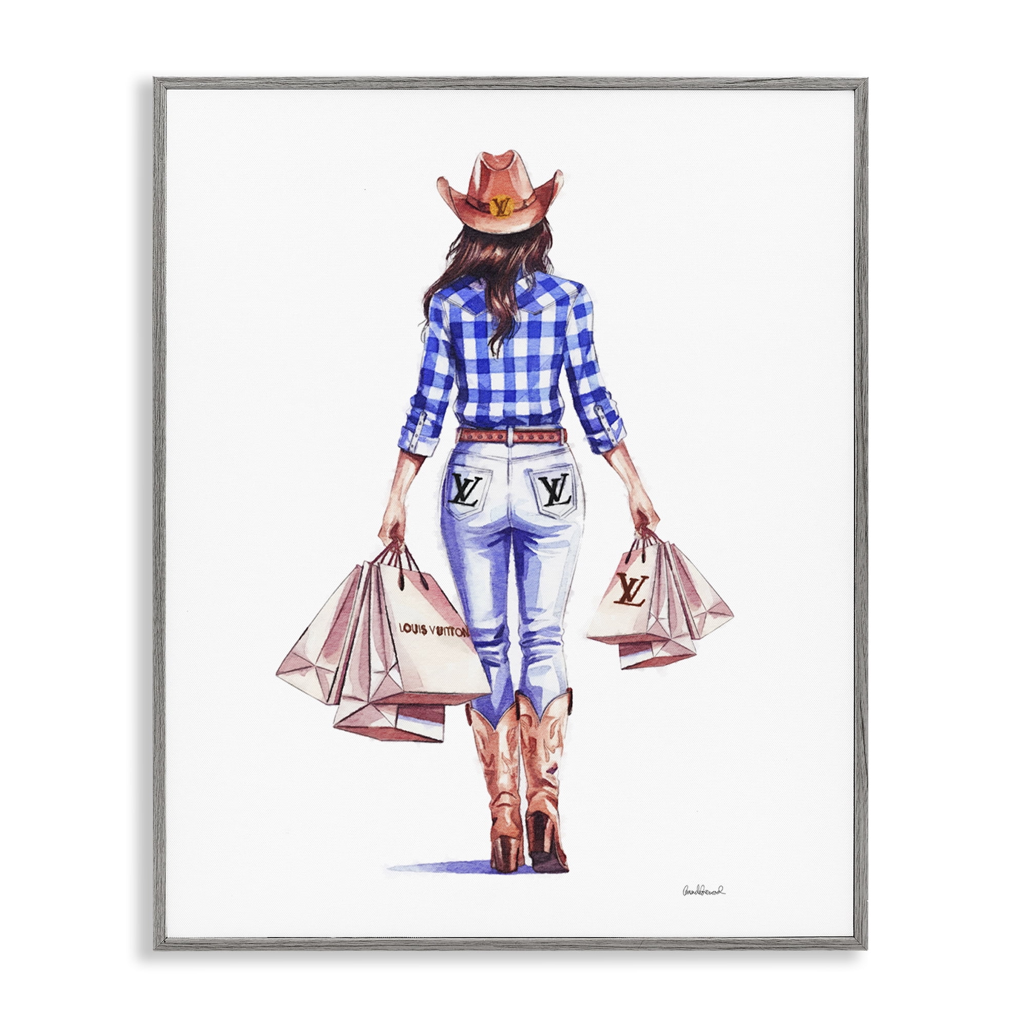 Stupell Industries Trendy Shopping Cowgirl People Painting Gray Framed Art Print Wall Art, 16 x 20