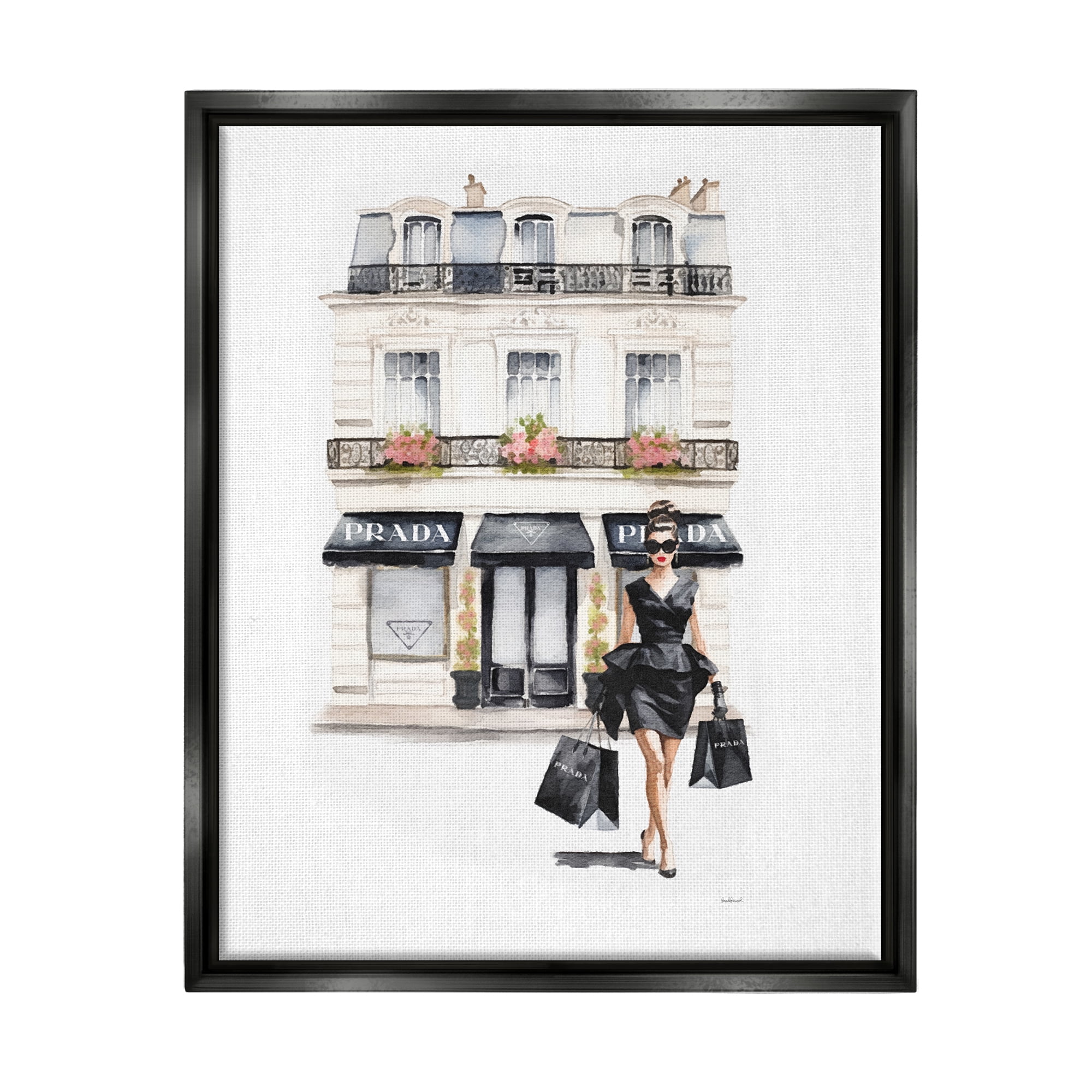 Stupell Industries Trendy Shopping Woman Town & City Painting Black Floater Framed Canvas Art Print Wall Art, 25 x 31