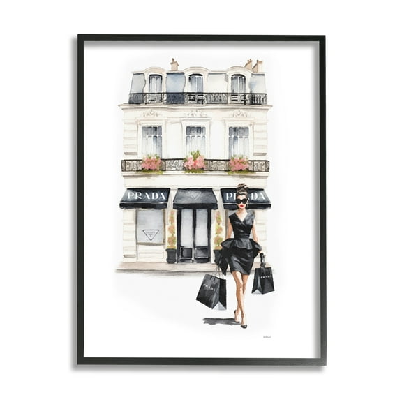 Stupell Industries Trendy Shopping Woman Town & City Painting Black Framed Art Print Wall Art, 11 x 14