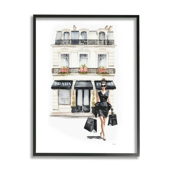Stupell Industries Trendy Shopping Woman Town & City Painting Black Framed Art Print Wall Art, 11 x 14