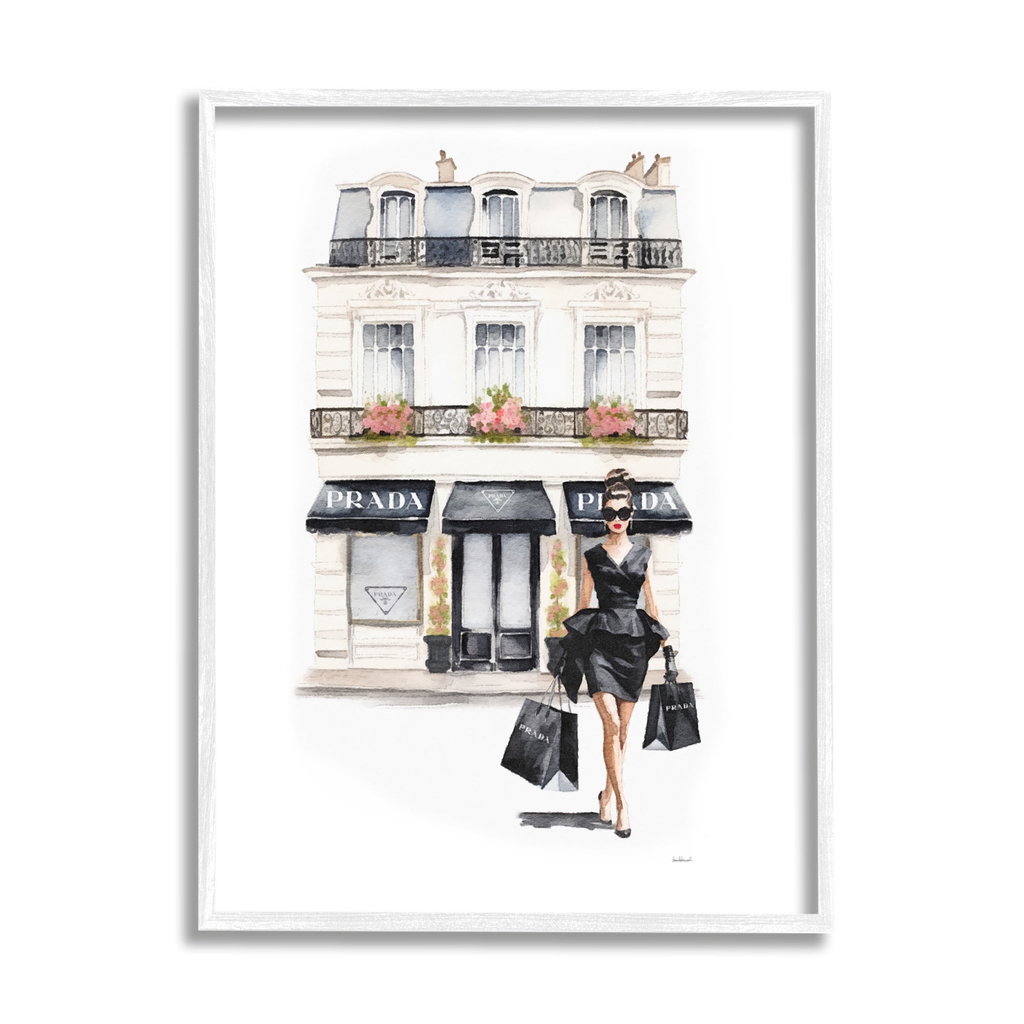 Stupell Industries Trendy Shopping Woman Town & City Painting White Framed Art Print Wall Art, 24 x 30